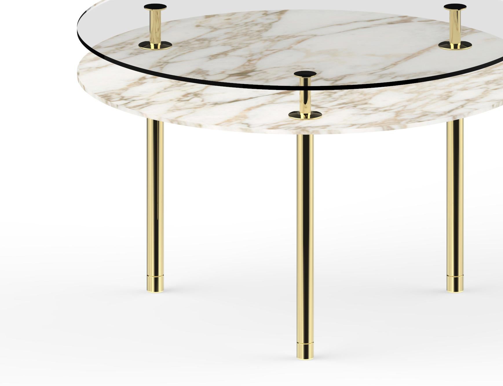 Gold (Polished Brass) Ghidini 1961 Legs Round Dining Table with Calacatta Gold Marble Top 2