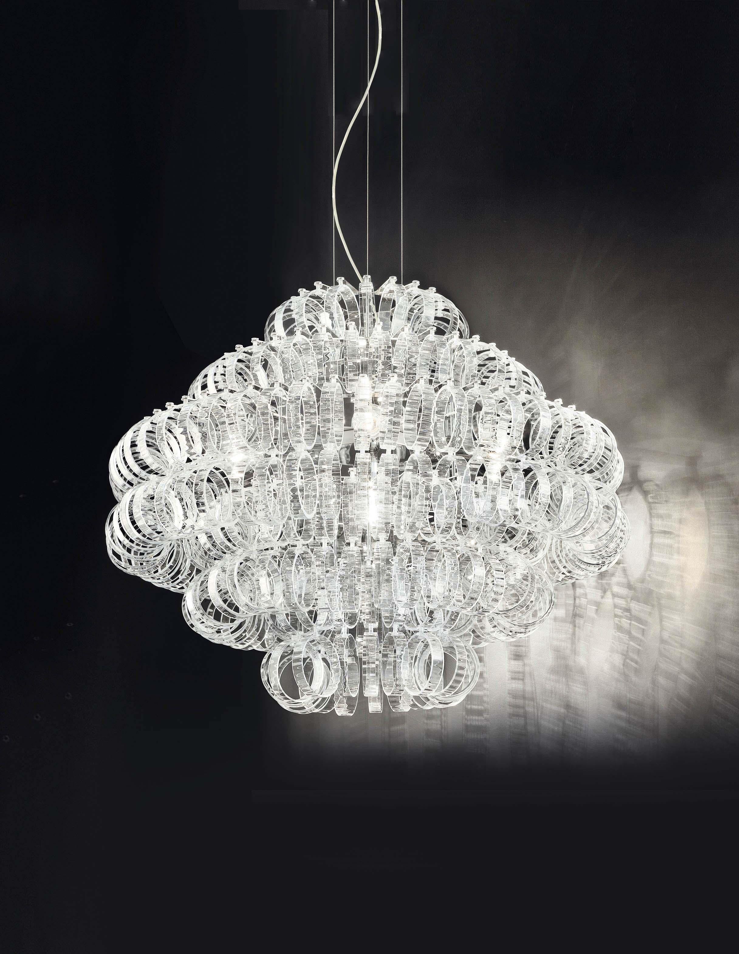 For Sale: Clear (Crystal and Striped) Large Ecos SP 90 Chandelier with Chrome Frame by Vistosi 2