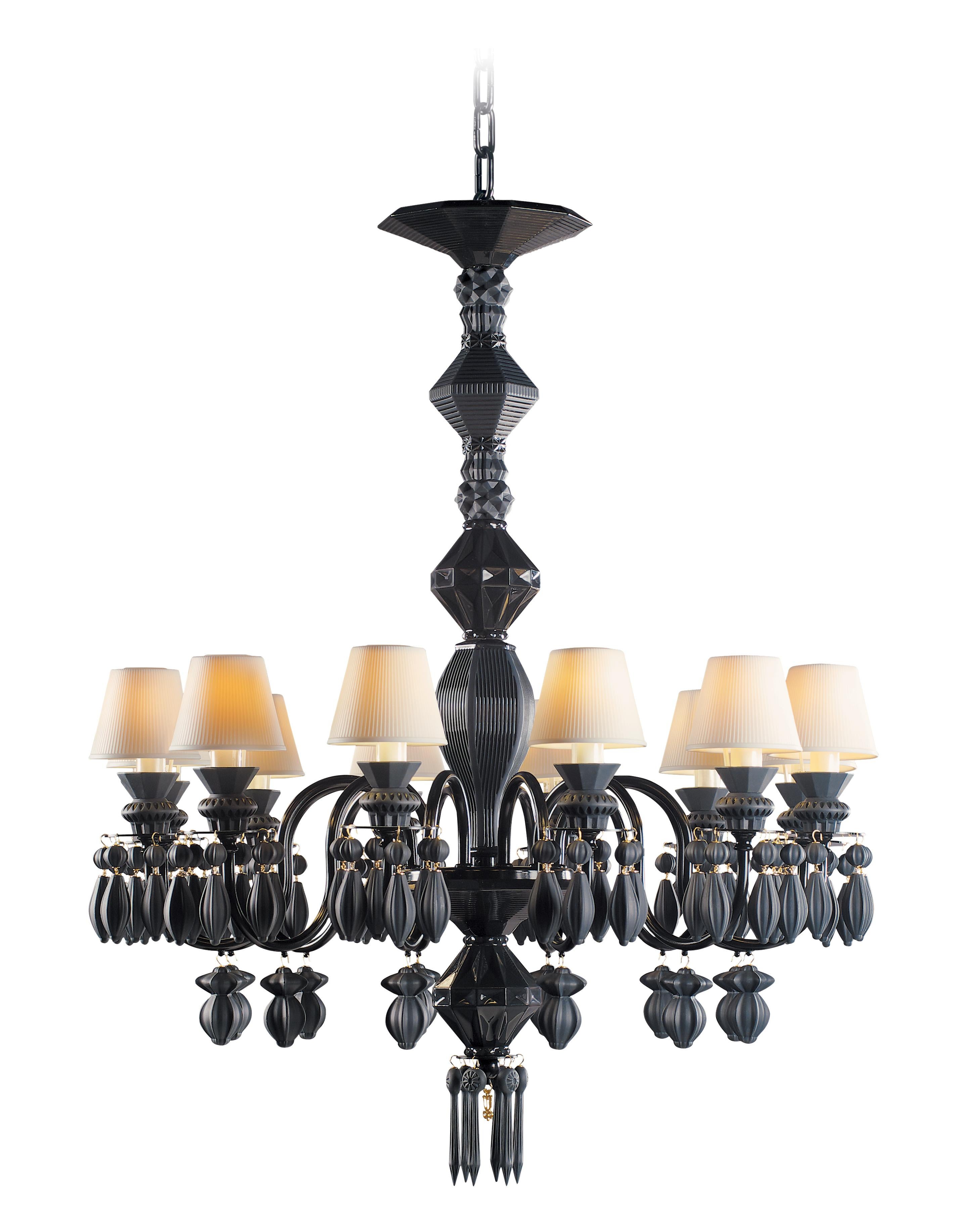 For Sale: Black (Absolute Black) Lladro Belle de Nuit 12 Lights Chandelier 2