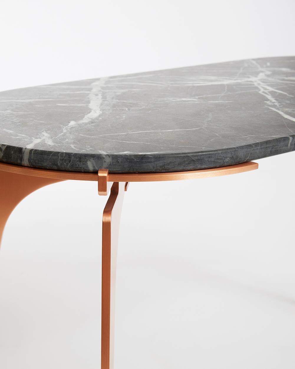 Black (Grigio Carnico - Black Stone) Prong Racetrack Side Table in Satin Copper Base with Marble Top by Gabriel Scott 8