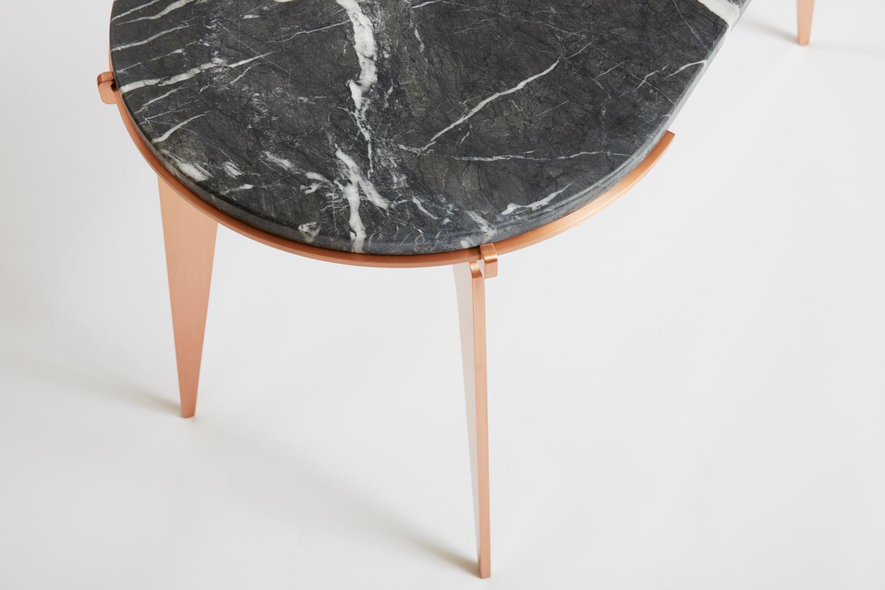 Black (Grigio Carnico - Black Stone) Prong Racetrack Side Table in Satin Copper Base with Marble Top by Gabriel Scott 7