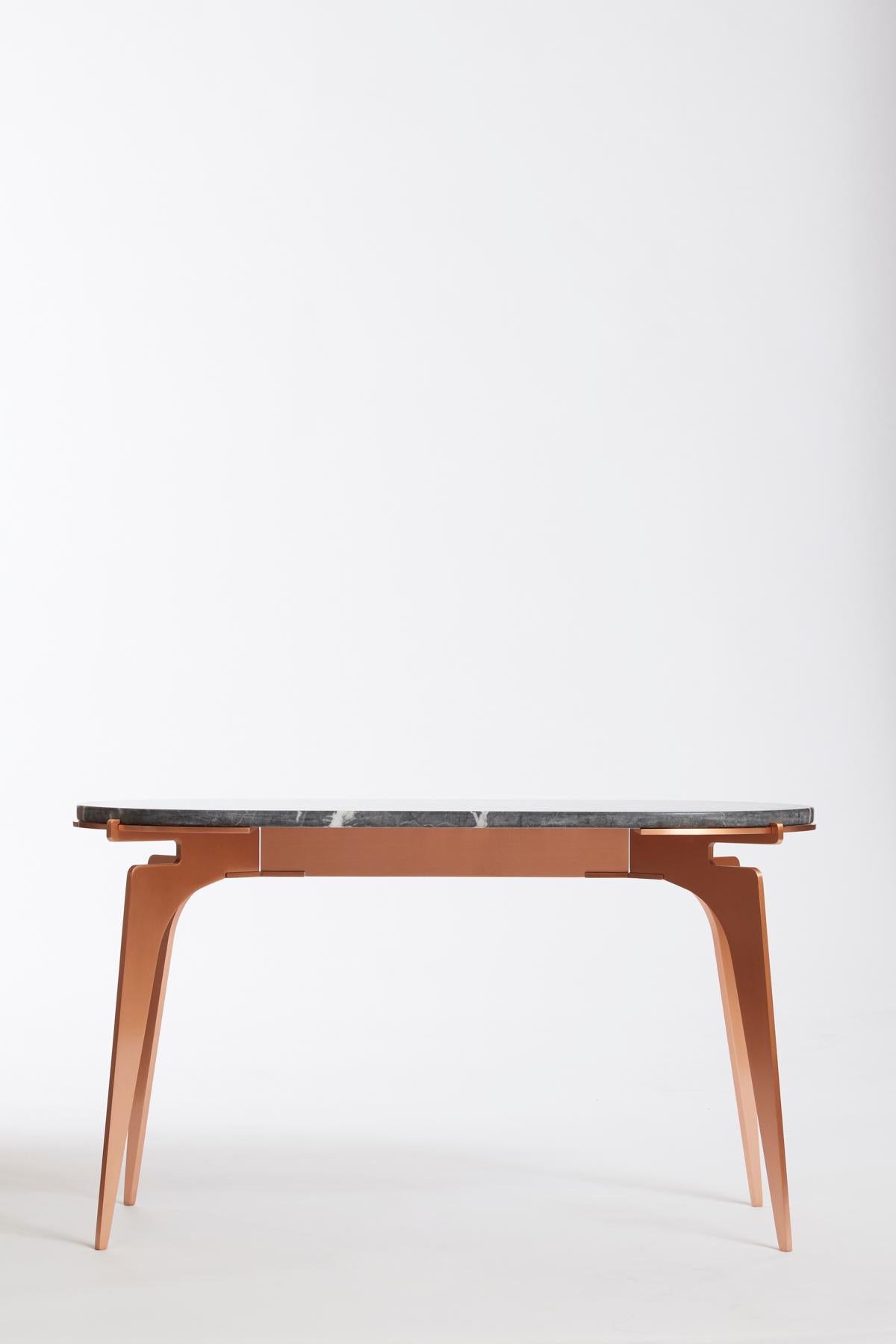 Black (Grigio Carnico - Black Stone) Prong Racetrack Side Table in Satin Copper Base with Marble Top by Gabriel Scott 3