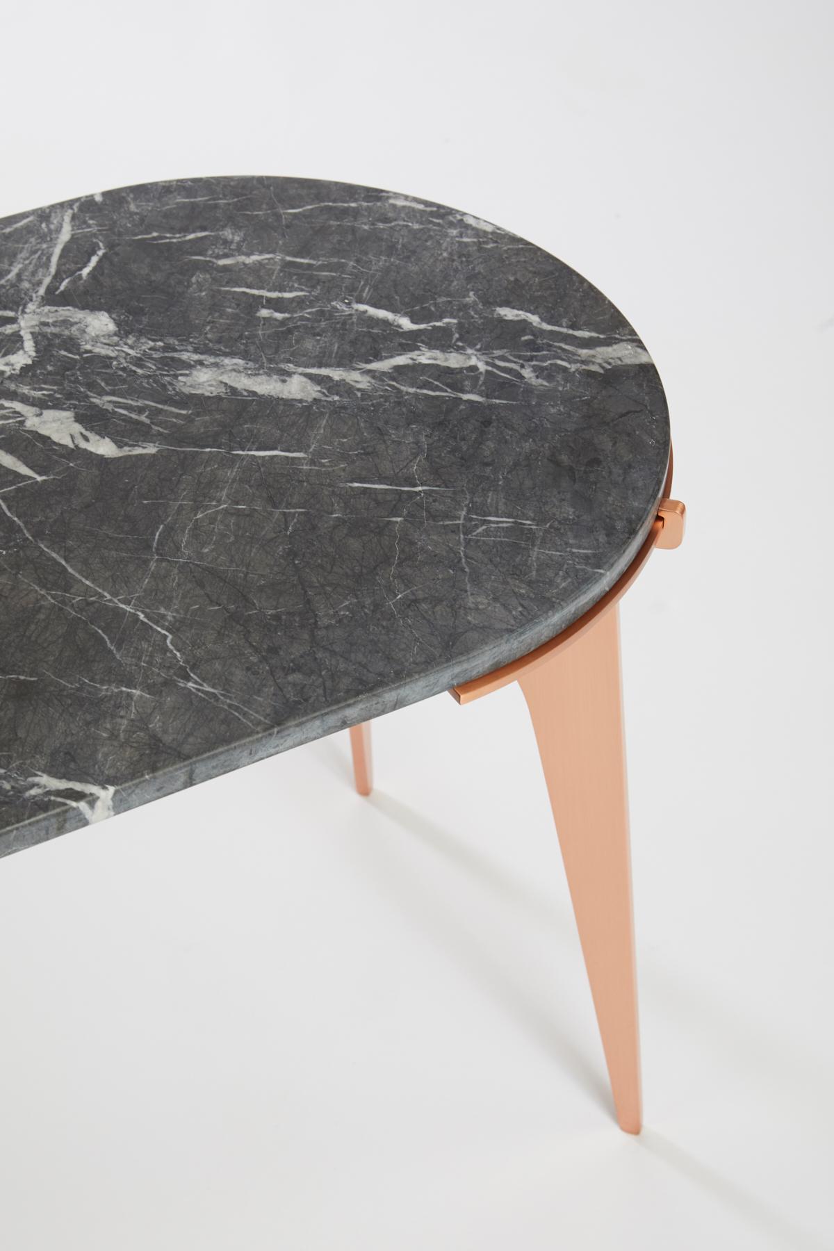 Black (Grigio Carnico - Black Stone) Prong Racetrack Side Table in Satin Copper Base with Marble Top by Gabriel Scott 5