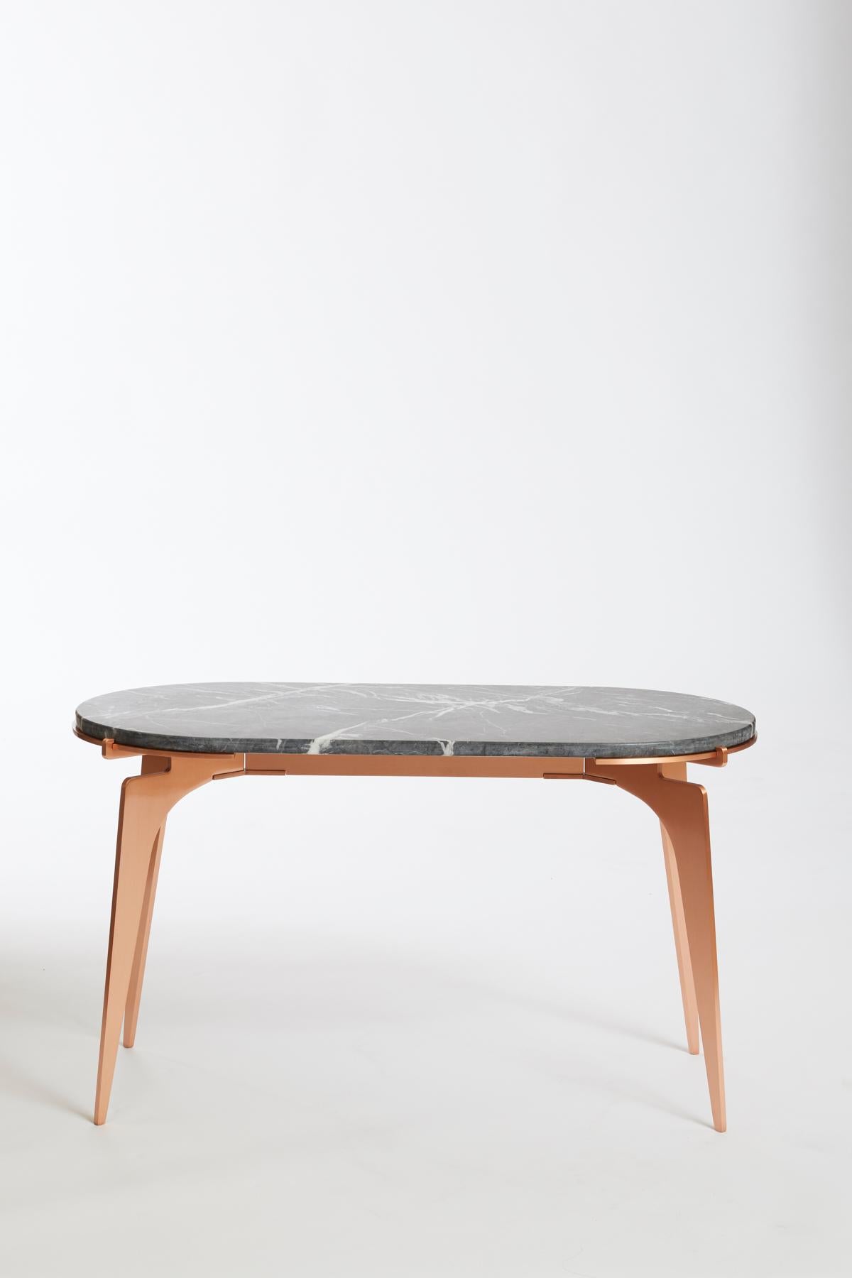 Black (Grigio Carnico - Black Stone) Prong Racetrack Side Table in Satin Copper Base with Marble Top by Gabriel Scott 2