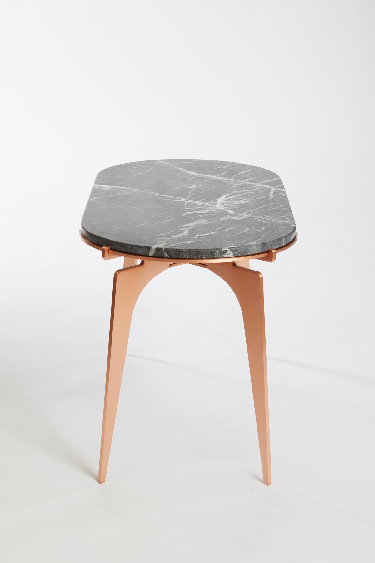 Black (Grigio Carnico - Black Stone) Prong Racetrack Side Table in Satin Copper Base with Marble Top by Gabriel Scott 4