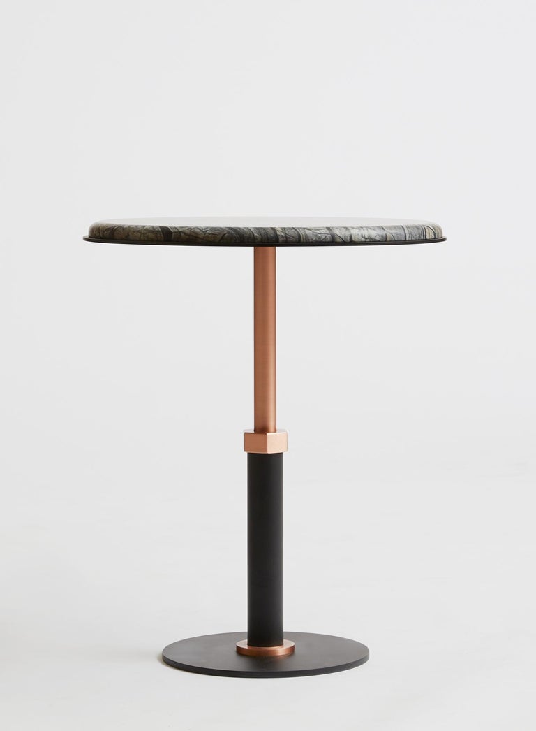 For Sale: Silver (Onda D'Argento - Silver) Pedestal Round Side Table in Black Steel and Satin Copper Base by Gabriel Scott 2