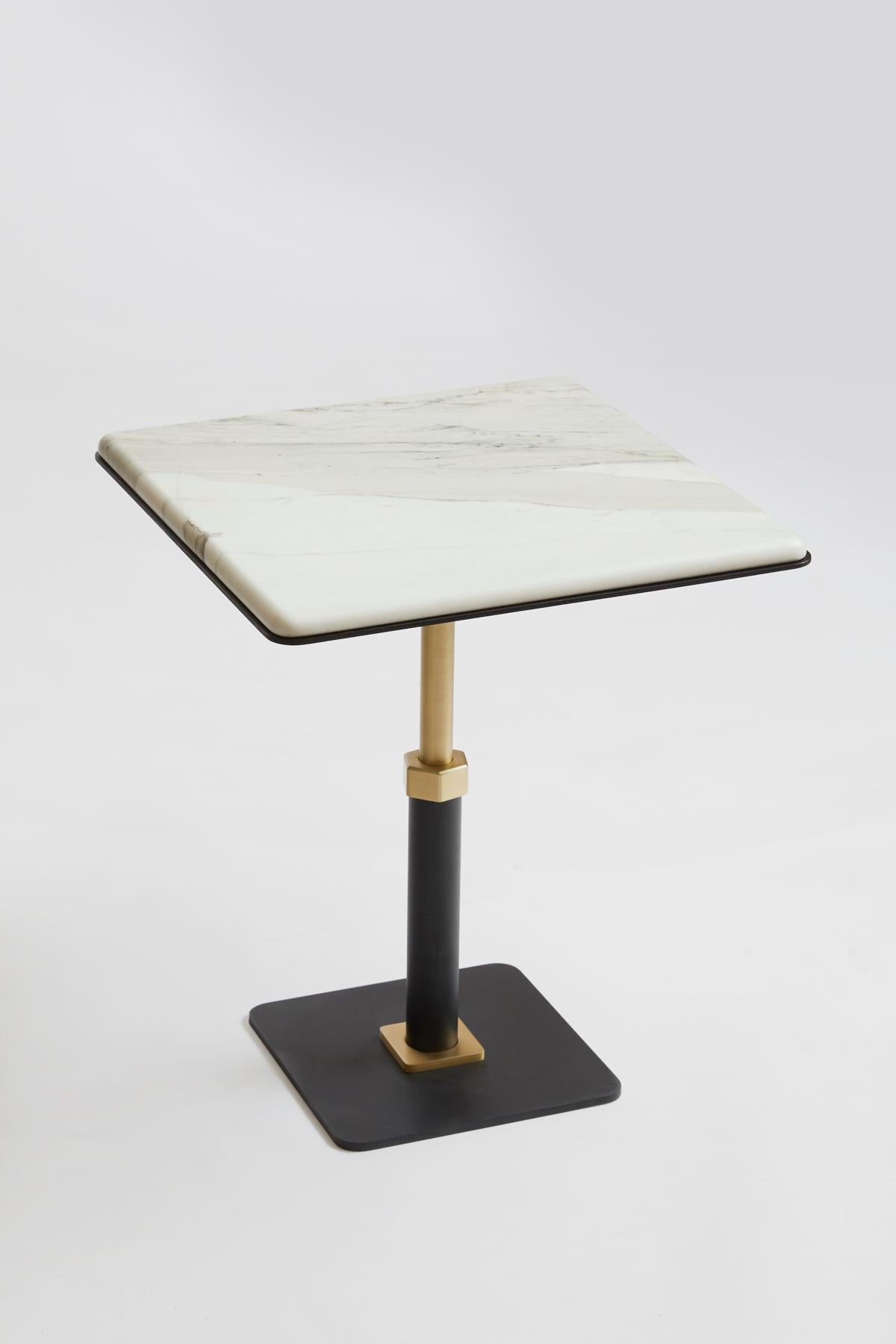 For Sale: White (Carrara - White Stone) Pedestal Square Side Table in Black Steel and Satin Brass Base by Gabriel Scott 3