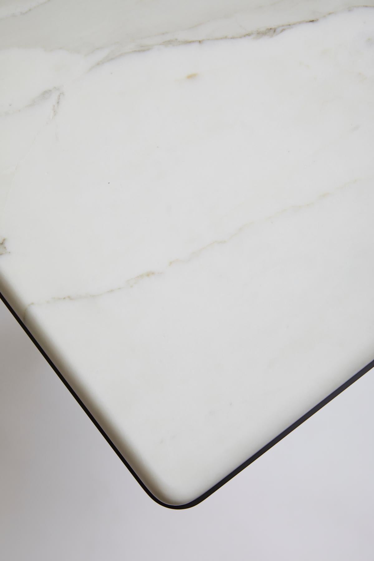 For Sale: White (Carrara - White Stone) Pedestal Square Side Table in Black Steel and Satin Brass Base by Gabriel Scott 4
