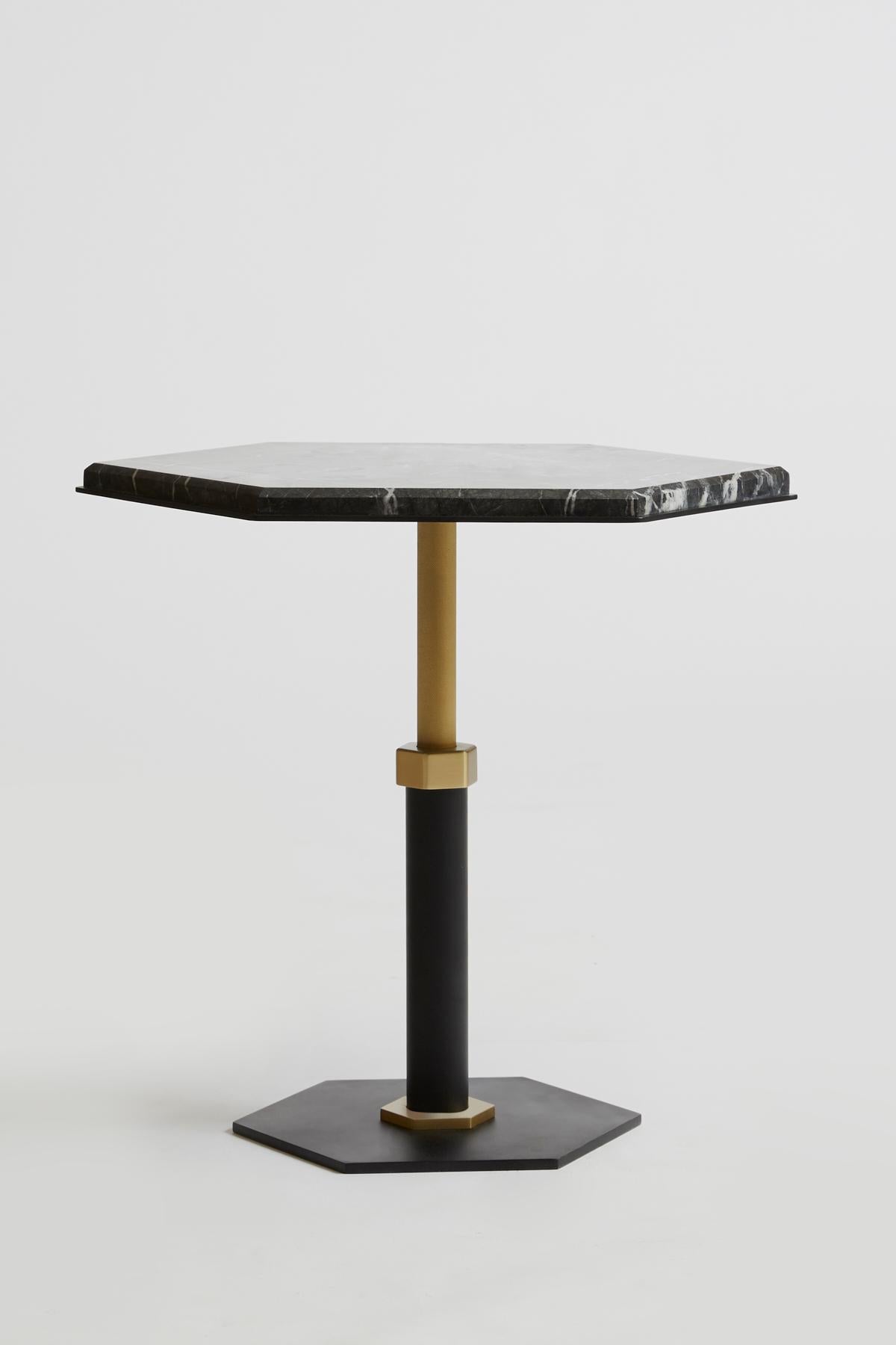 Black (Grigio Carnico - Black Stone) Pedestal Hexagonal Side Table in Black Steel & Satin Brass Base by Gabriel Scott 2