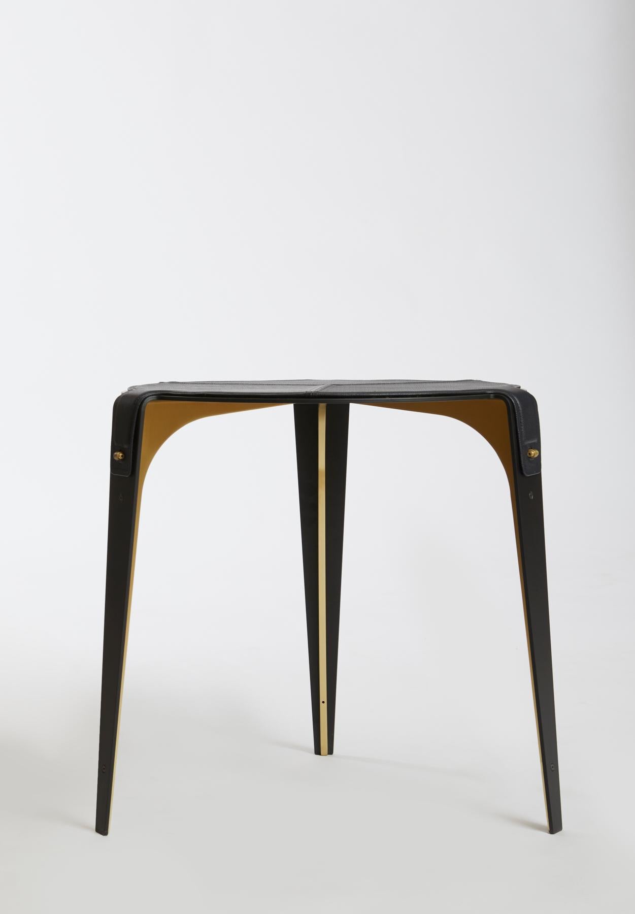 Blue (Navy Blue) Bardot Side Table with Leather Top and Satin Brass Hardware by Gabriel Scott 3