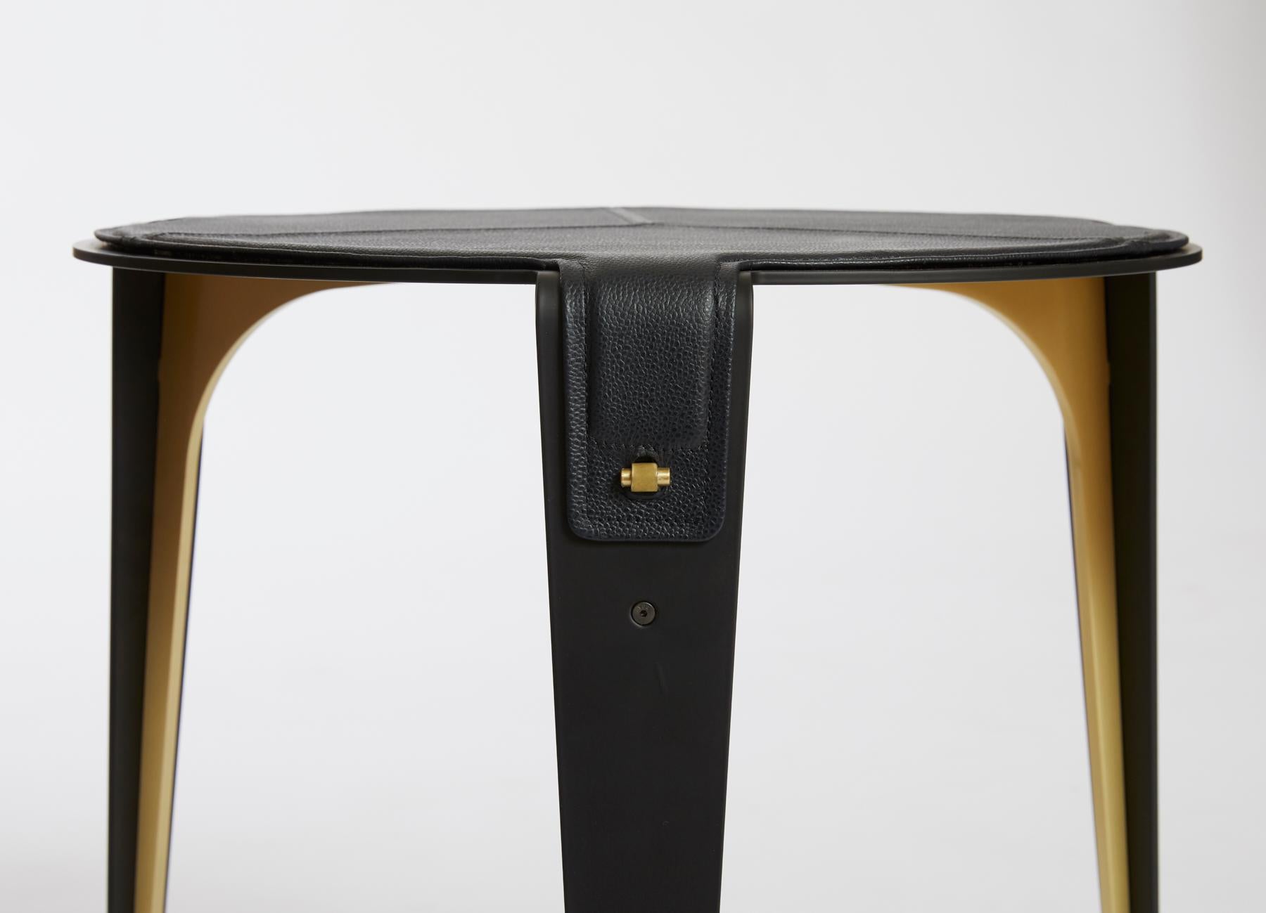 Blue (Navy Blue) Bardot Side Table with Leather Top and Satin Brass Hardware by Gabriel Scott 4