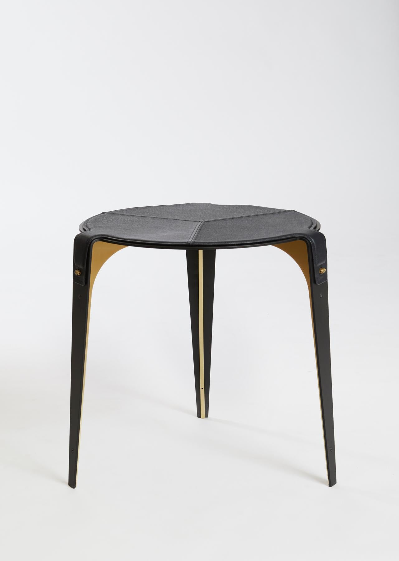Blue (Navy Blue) Bardot Side Table with Leather Top and Satin Brass Hardware by Gabriel Scott 5