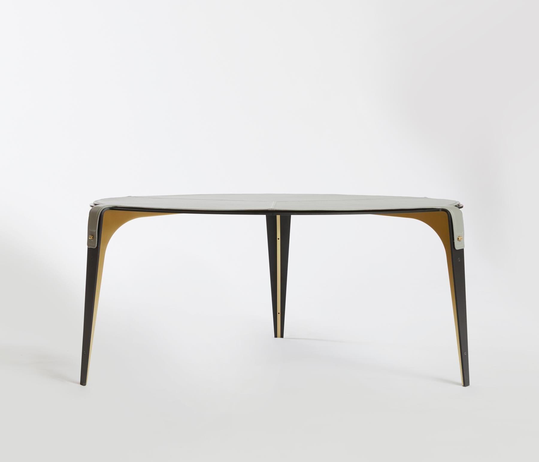 Gray (Slate Gray) Bardot Coffee Table with Leather Top and Satin Brass Hardware by Gabriel Scott 3