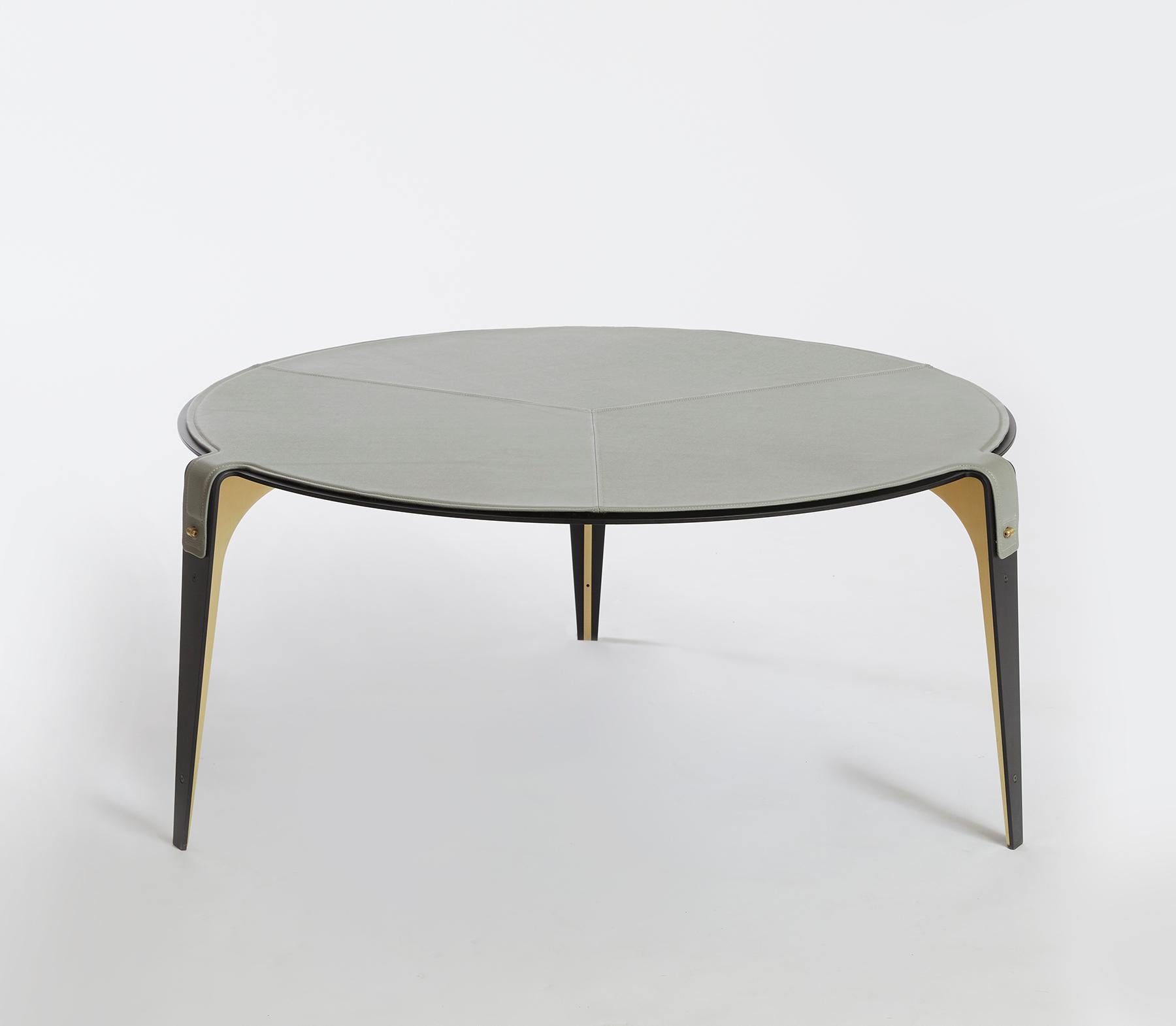 Gray (Slate Gray) Bardot Coffee Table with Leather Top and Satin Brass Hardware by Gabriel Scott 4