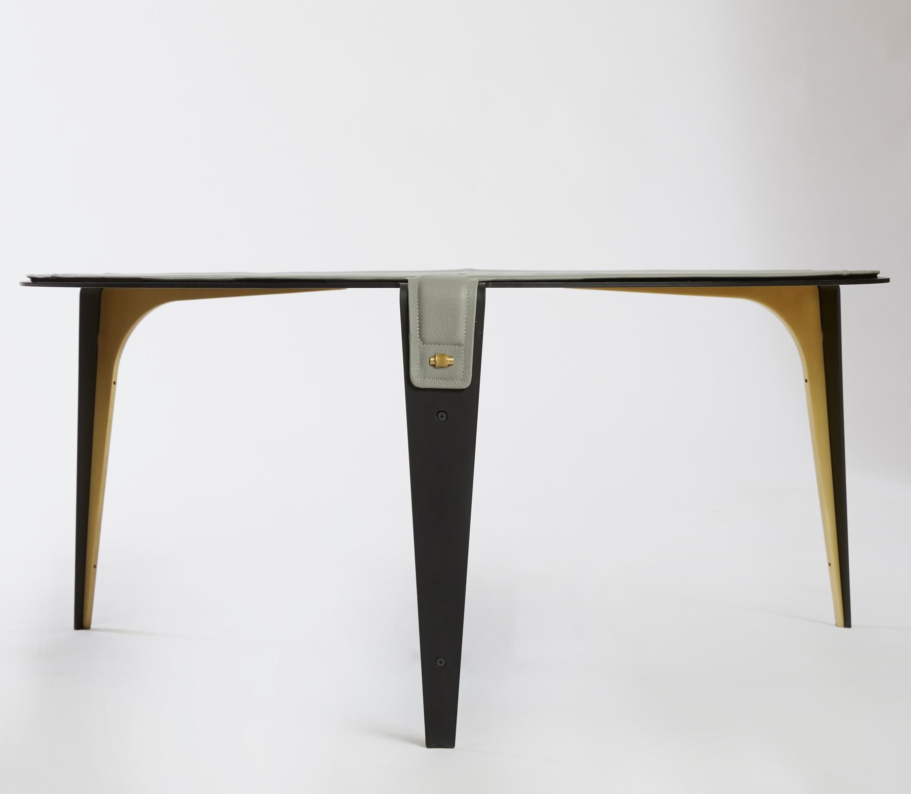 Gray (Slate Gray) Bardot Coffee Table with Leather Top and Satin Brass Hardware by Gabriel Scott 2