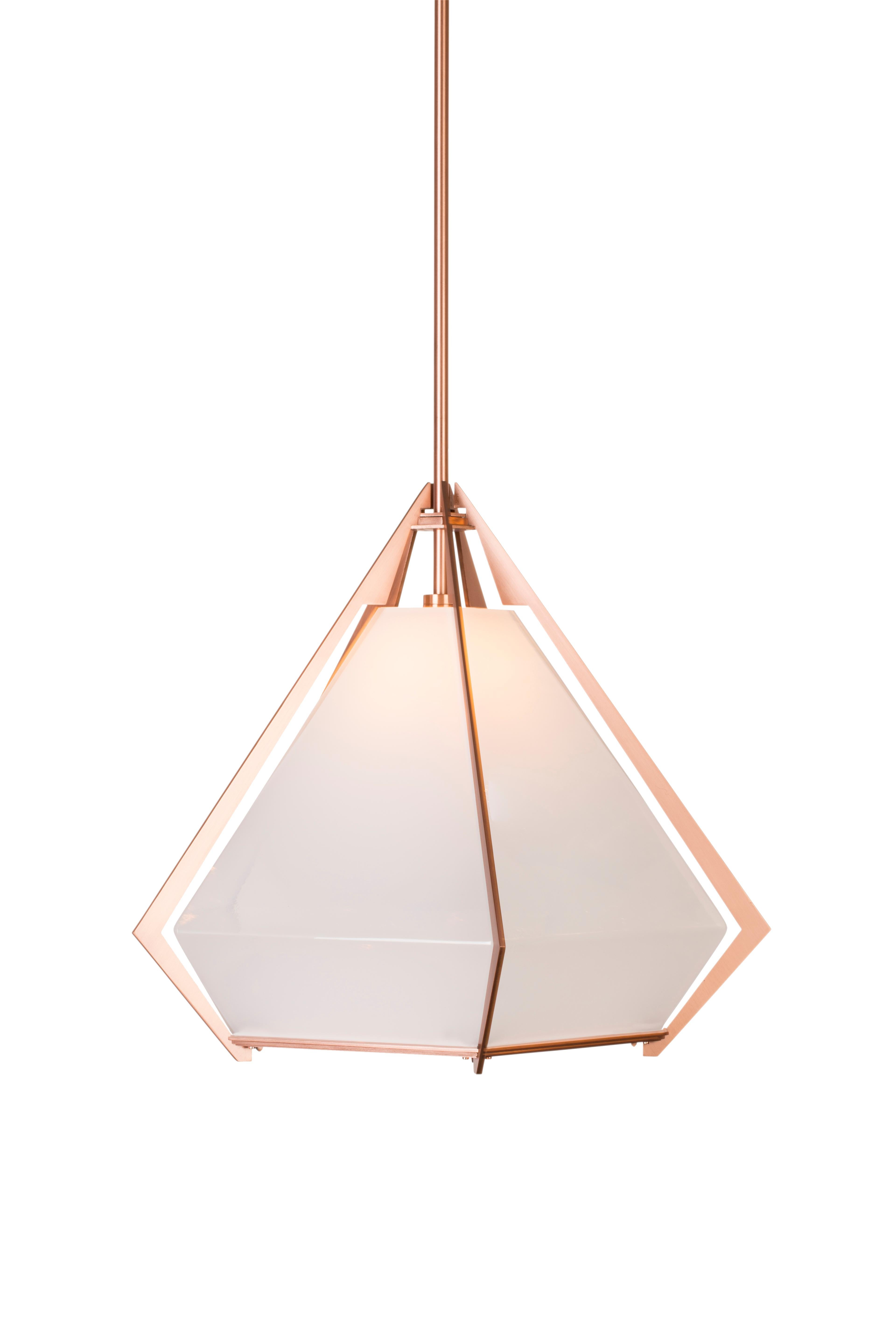 Brown (Satin Copper) Large Harlow Pendant in Albaster White Glass by Gabriel Scott