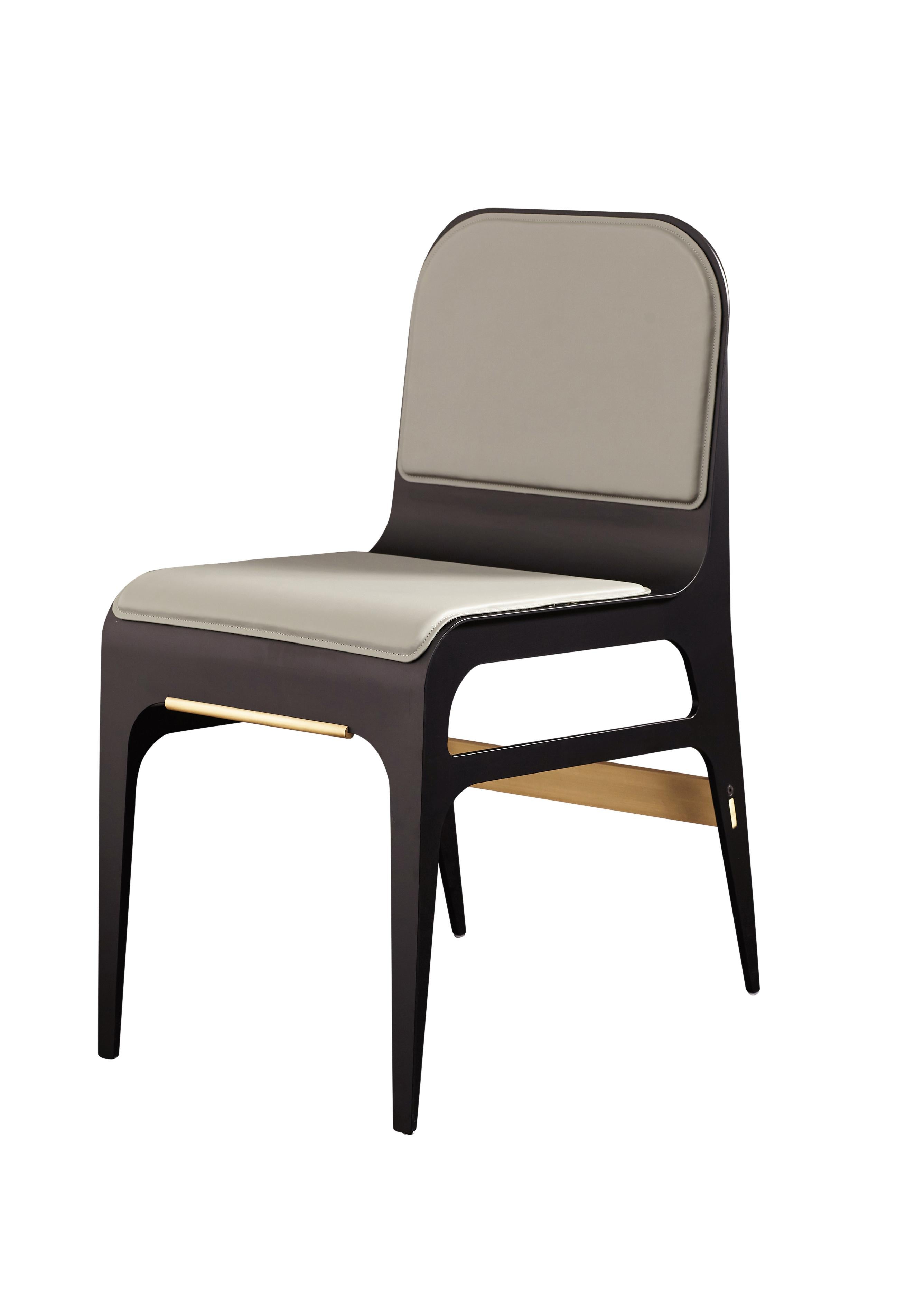 Gray (Slate Gray) Bardot Dining Chair with Leather Seat and Satin Brass Hardware by Gabriel Scott
