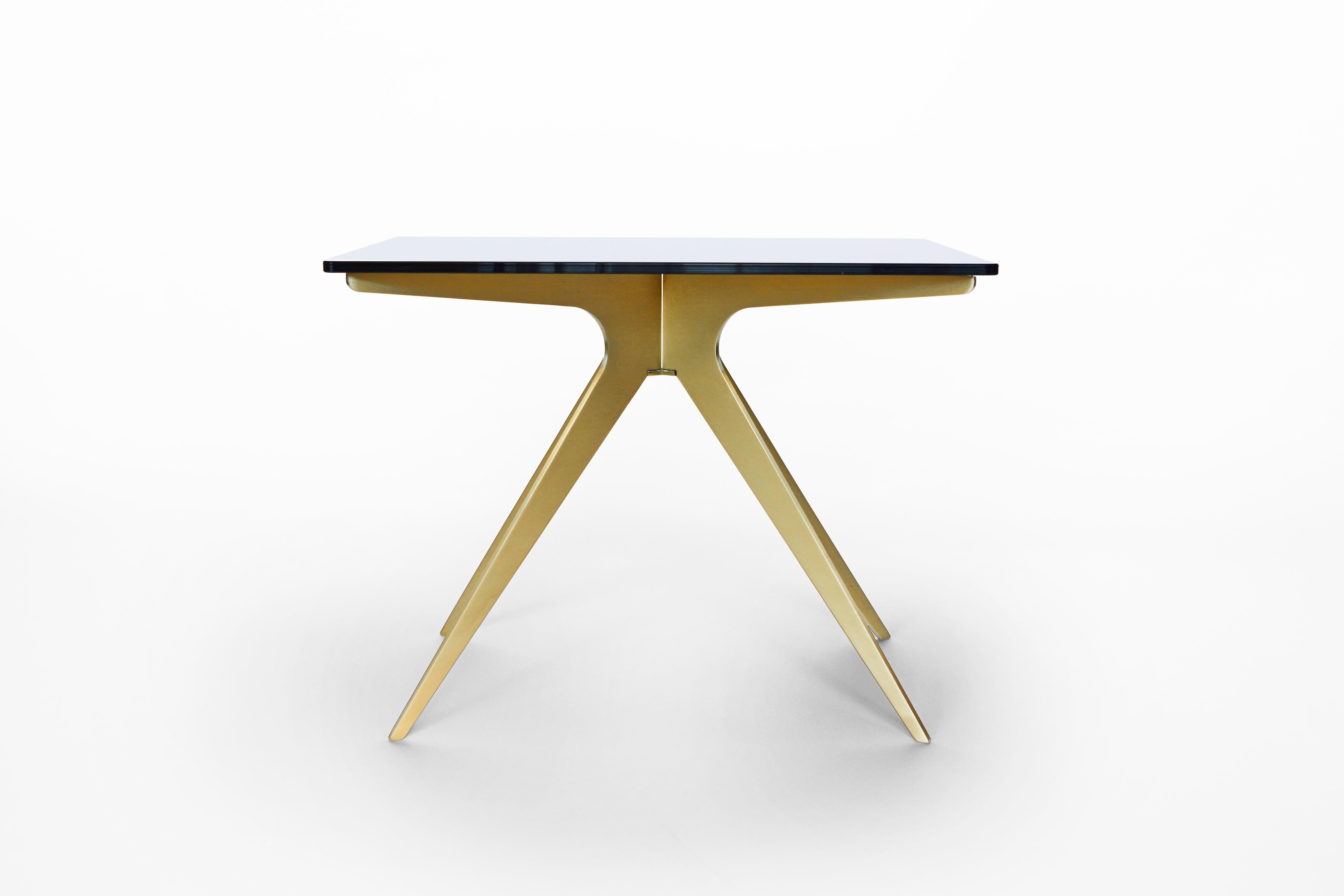 Gray (Smoked Glass) Dean Rectangular Side Table in Satin Brass Base and Glass Top by Gabriel Scott 2