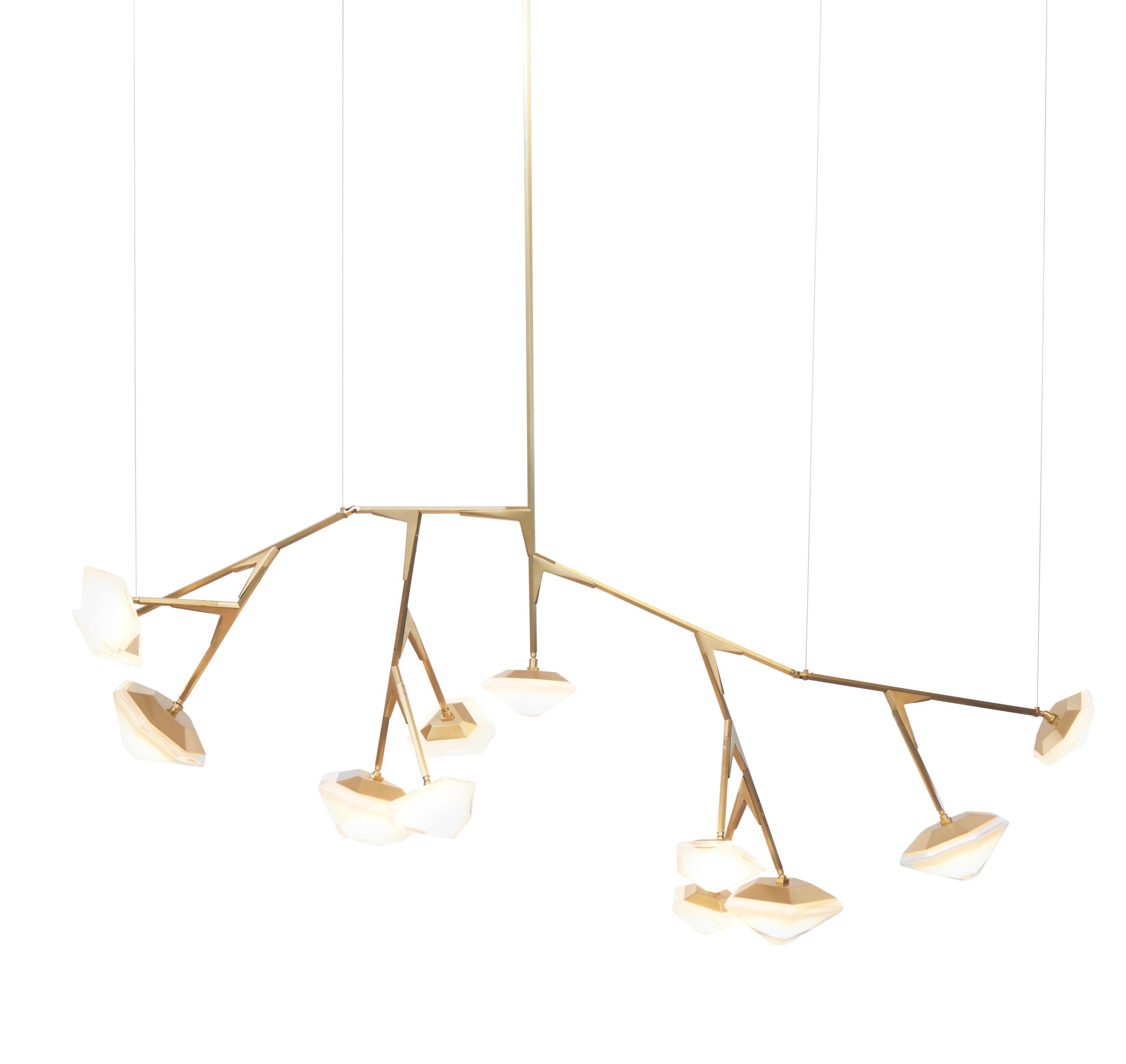 Gold (Satin Brass) X-Long 13 Myriad Chandelier in Albaster White Glass by Gabriel Scott