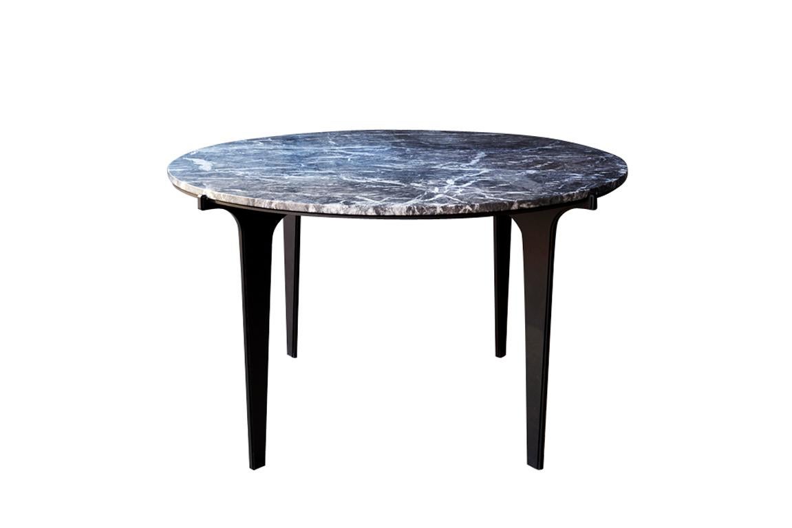Black (Grigio Carnico - Black Stone) Prong Dining Table in Blackened Steel Base with Marble Top by Gabriel Scott