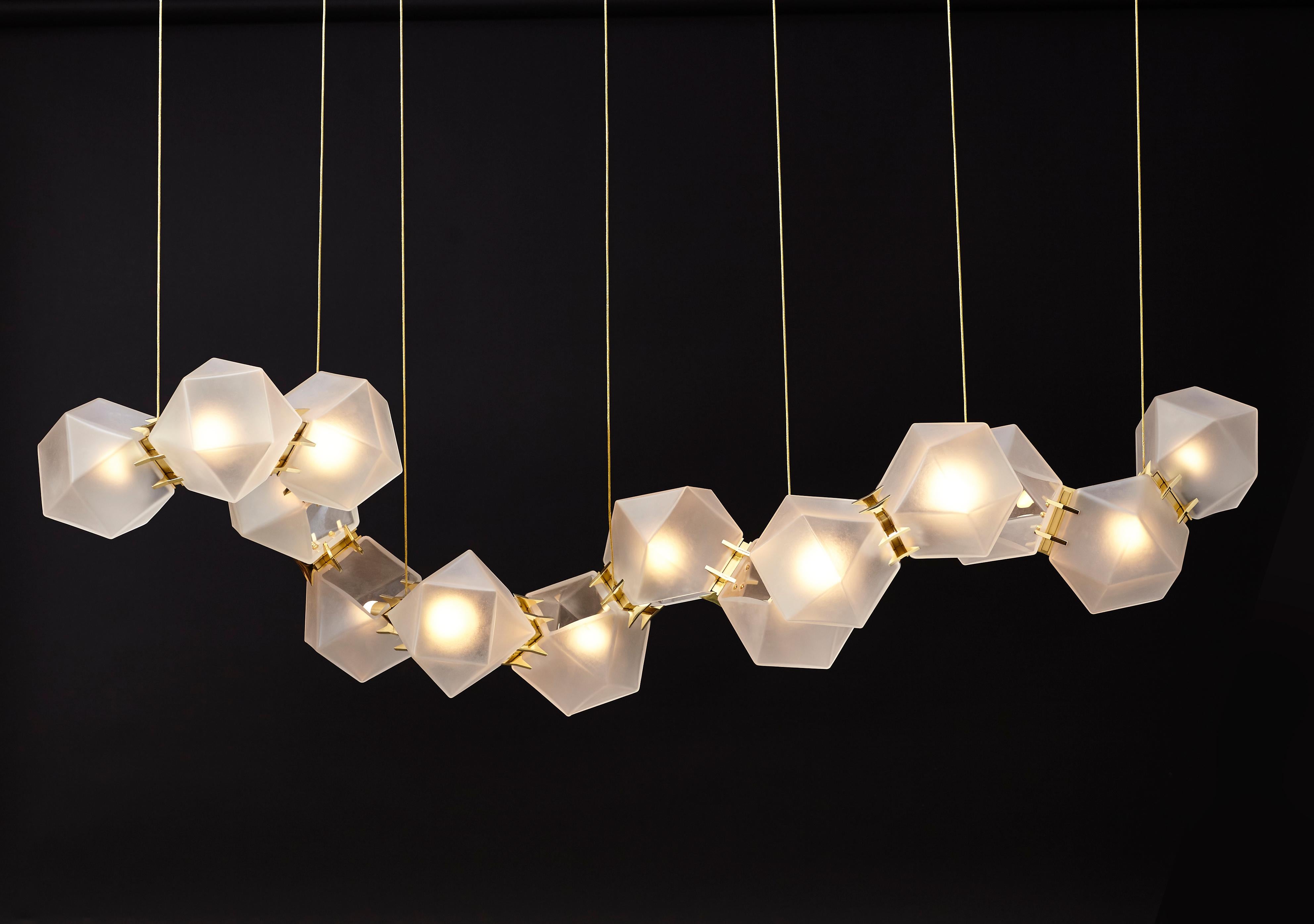 For Sale: Gold (Satin Brass) Welles Glass Long Chandelier 14 in Alabaster White Glass by Gabriel Scott 2