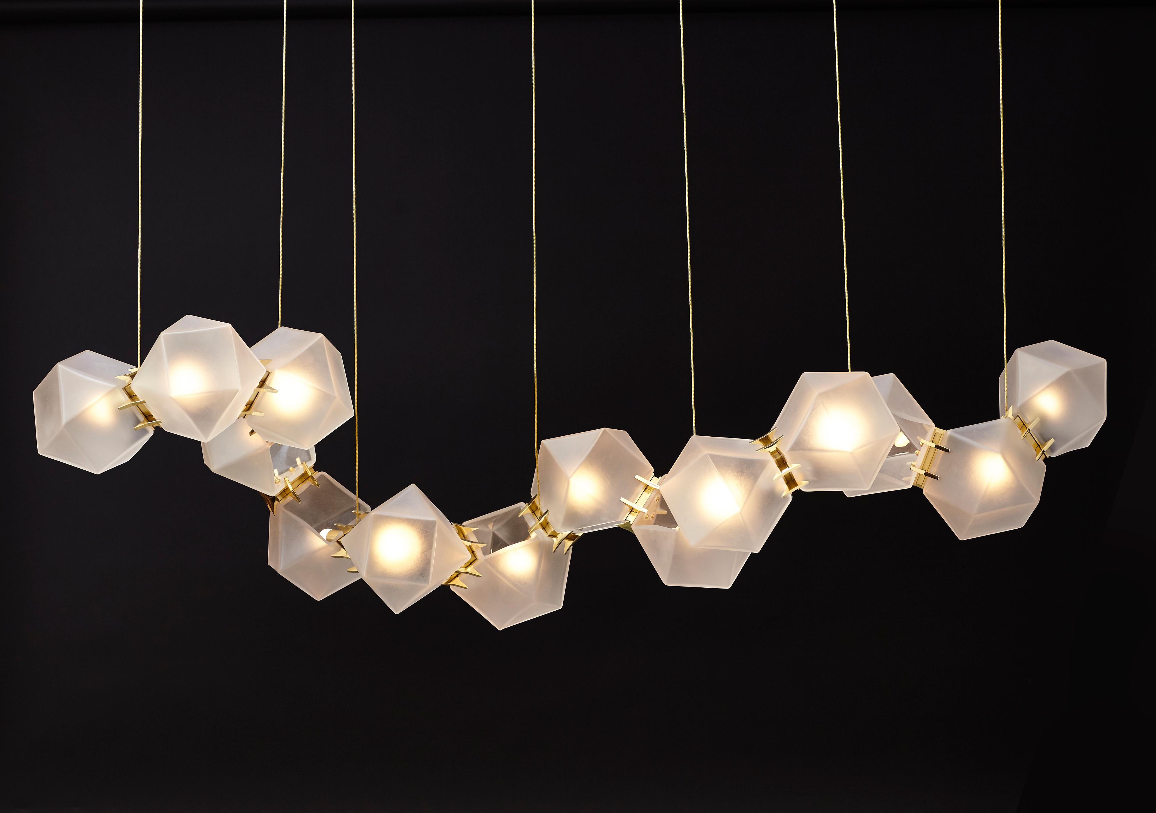 Gold (Satin Brass) Welles Glass Long Chandelier 14 in Alabaster White Glass by Gabriel Scott 2