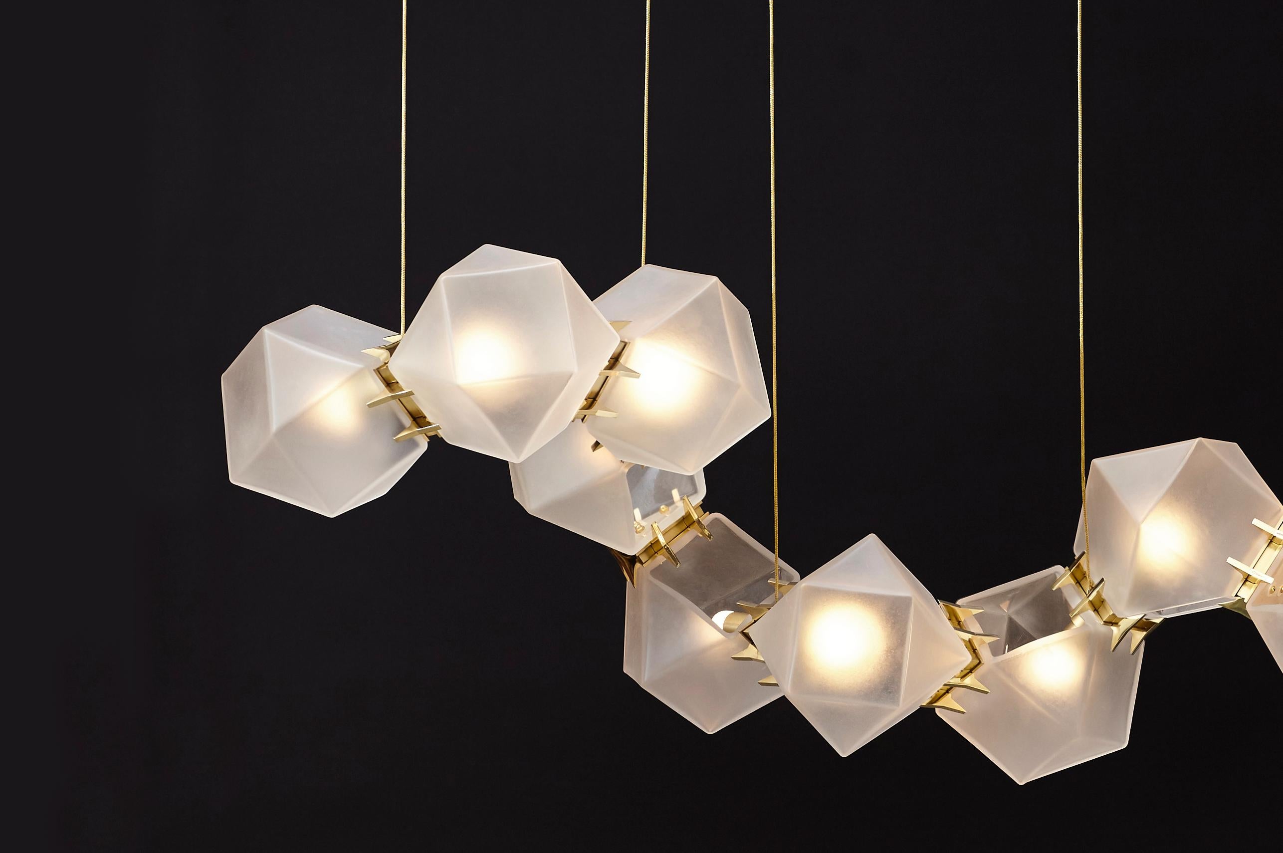 For Sale: Gold (Satin Brass) Welles Glass Long Chandelier 14 in Alabaster White Glass by Gabriel Scott 3