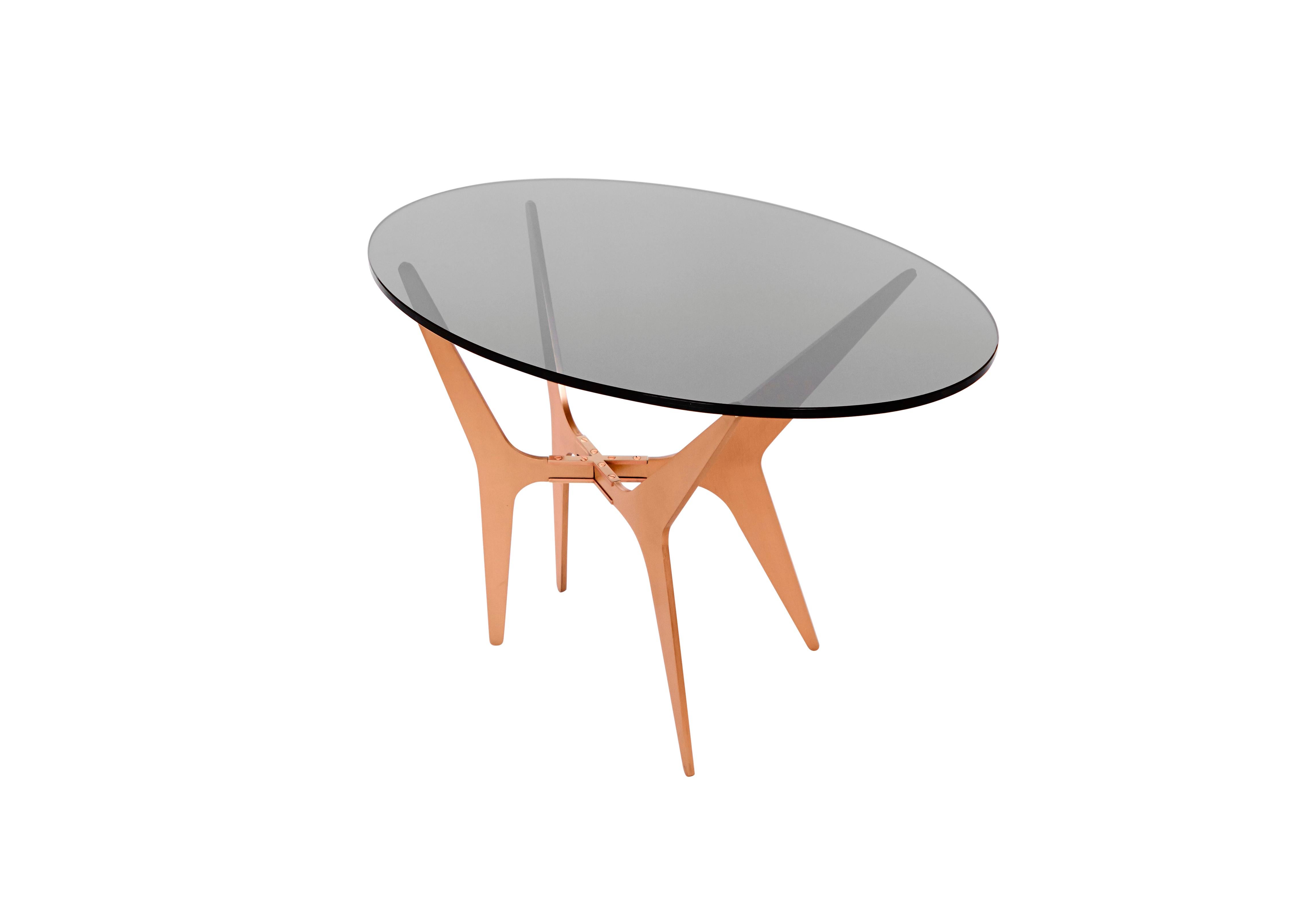 Gray (Smoked Glass) Dean Oval Side Table in Satin Copper Base with Glass Top by Gabriel Scott 2