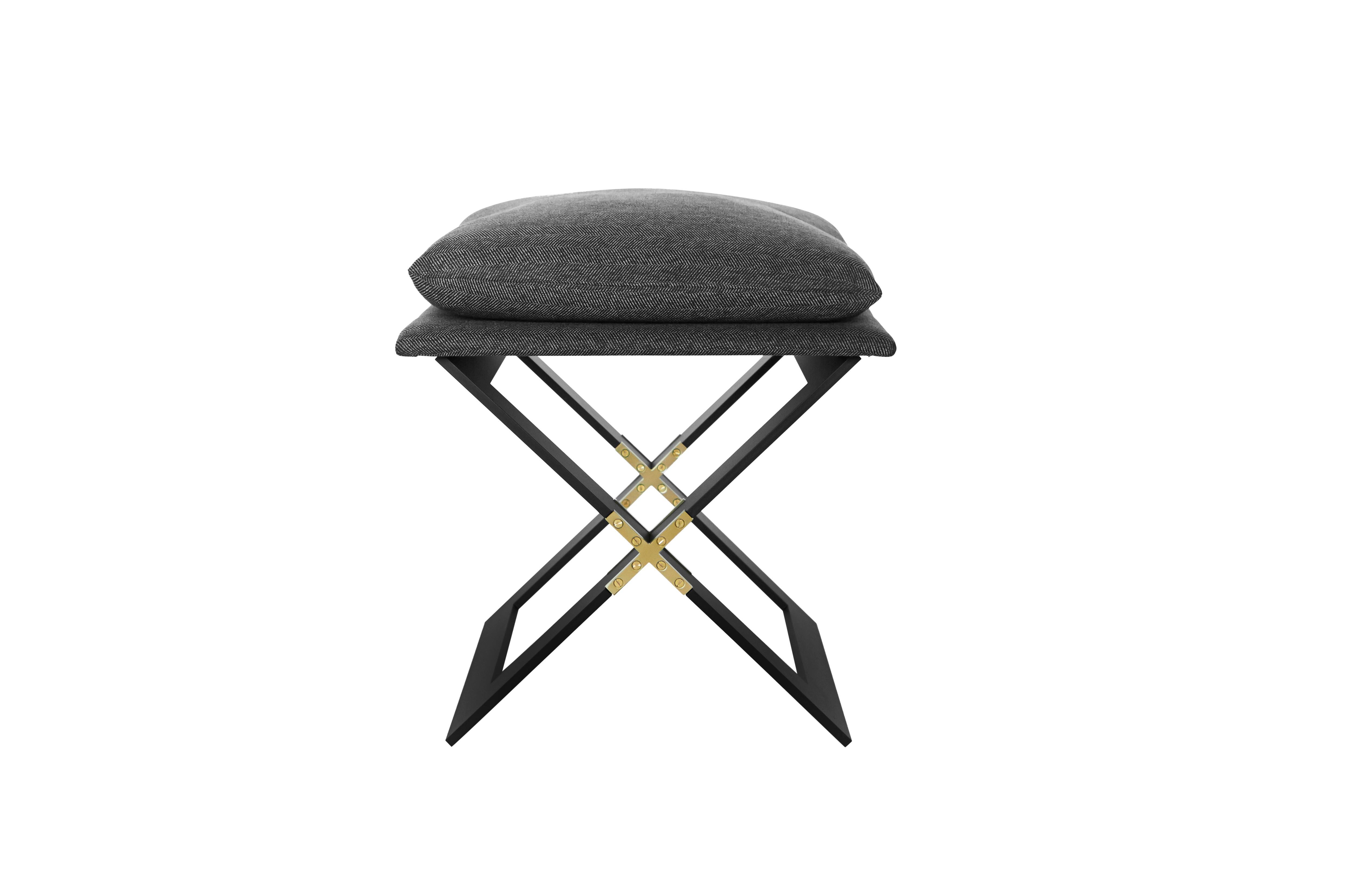 Gray (Charcoal-Gray Herringbone) Marx Stool in Blackened Steel Base with Upholstery by Gabriel Scott 2