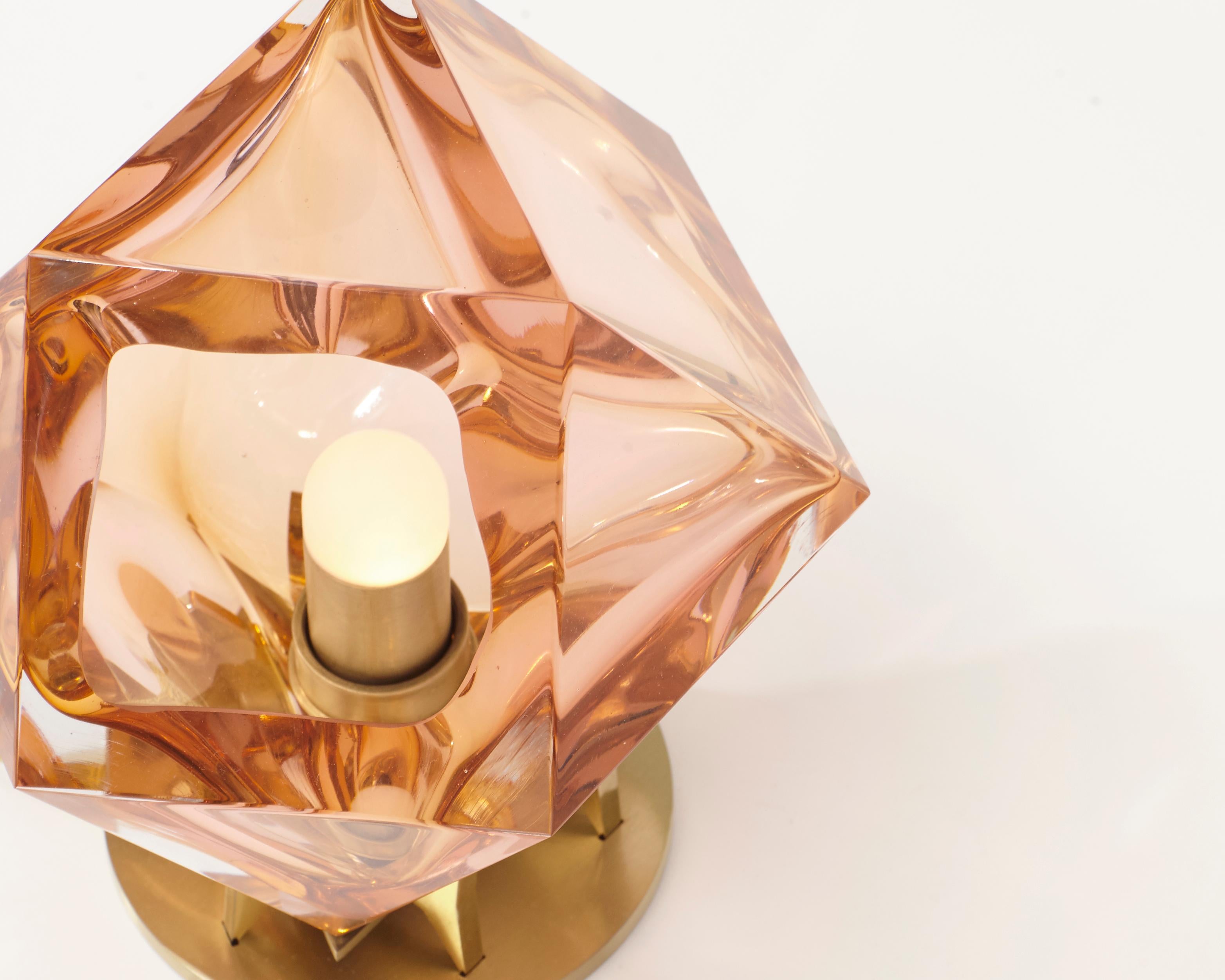 Gold (Satin Brass) Welles Double Blown Glass Desk Lamp in California Pink Glass by Gabriel Scott 2