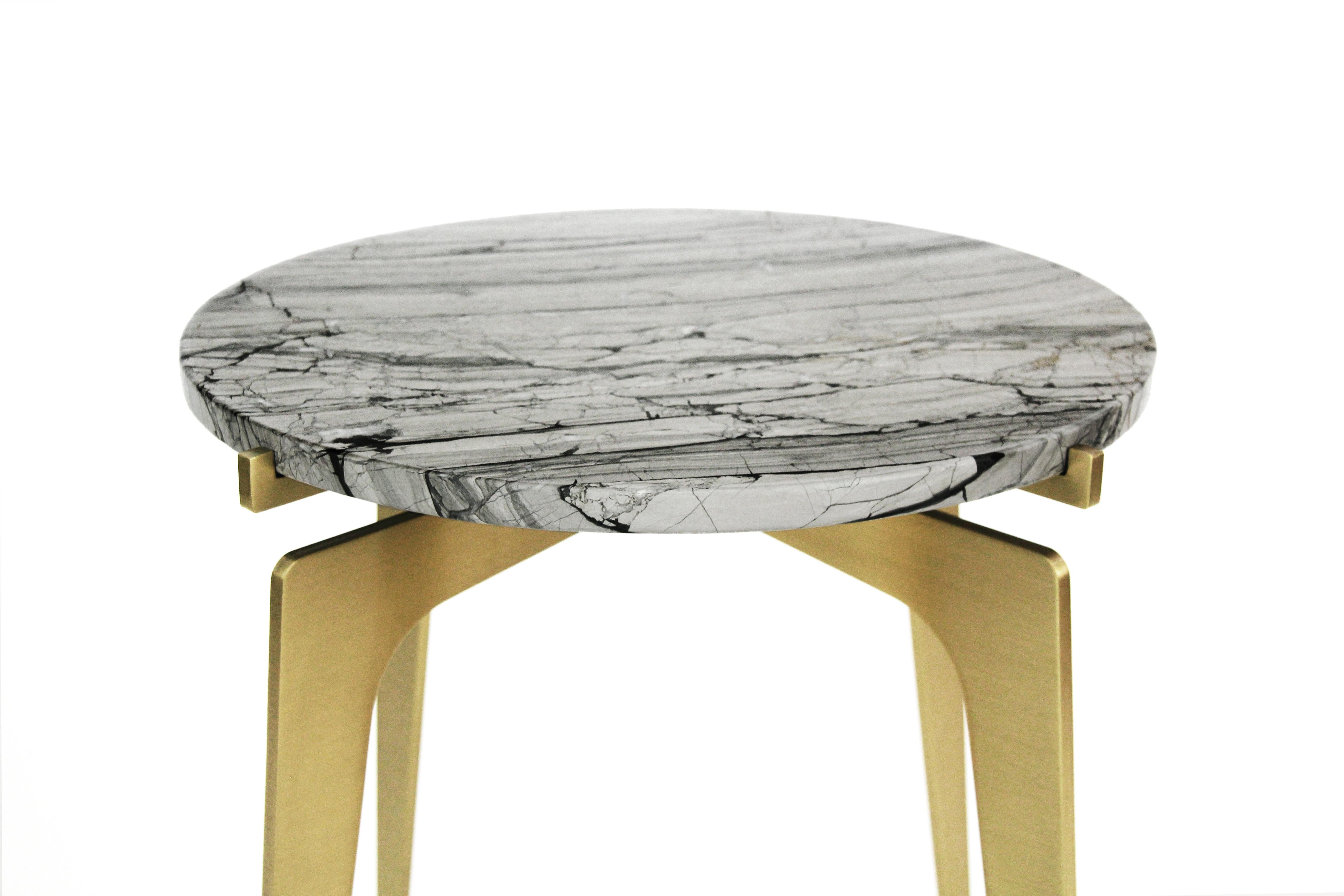 Silver (Onda D'Argento - Silver) Prong Side Table in Satin Brass Base with Marble Top by Gabriel Scott