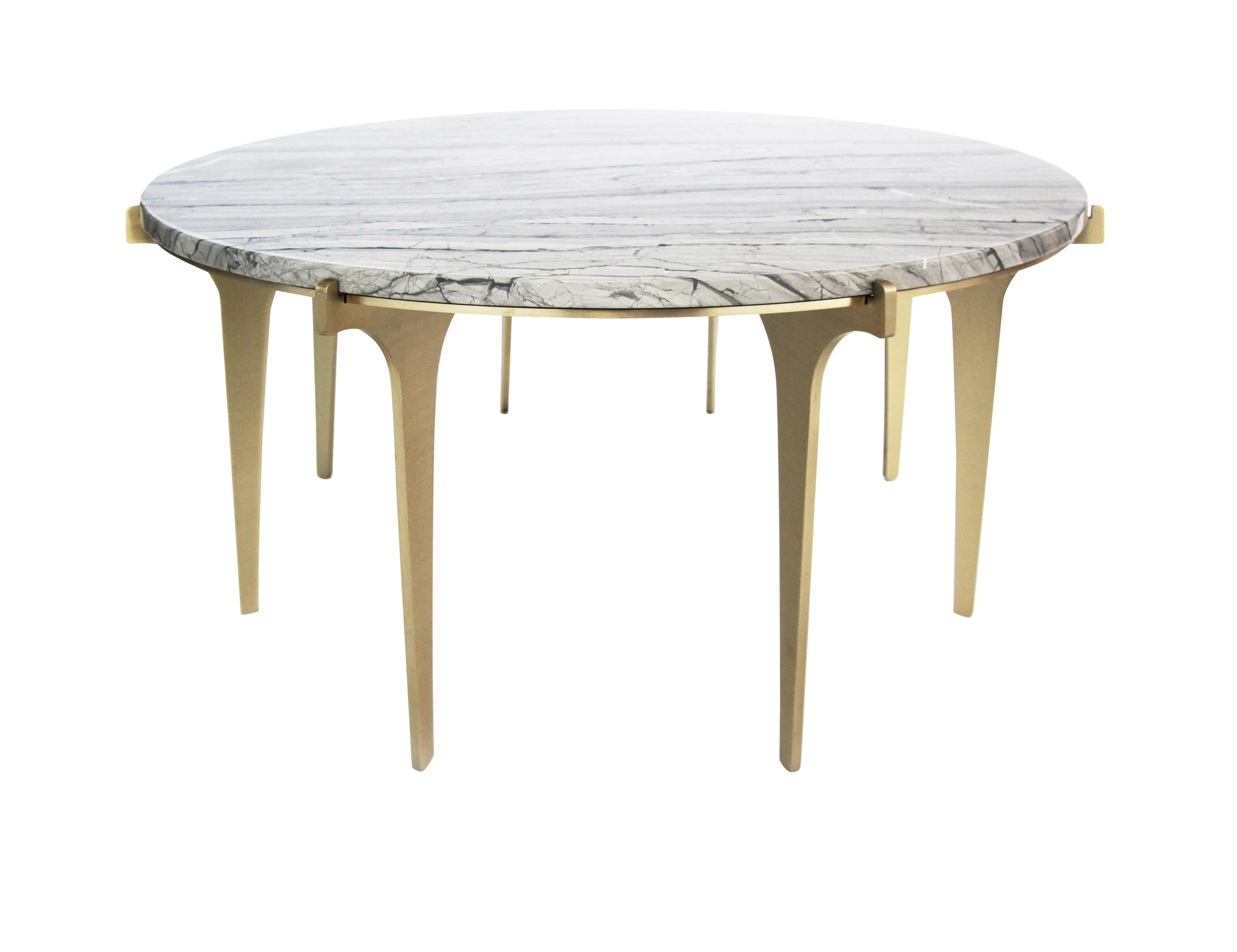 Silver (Onda D'Argento - Silver) Prong Round Coffee Table in Satin Brass Base with Marble Top by Gabriel Scott