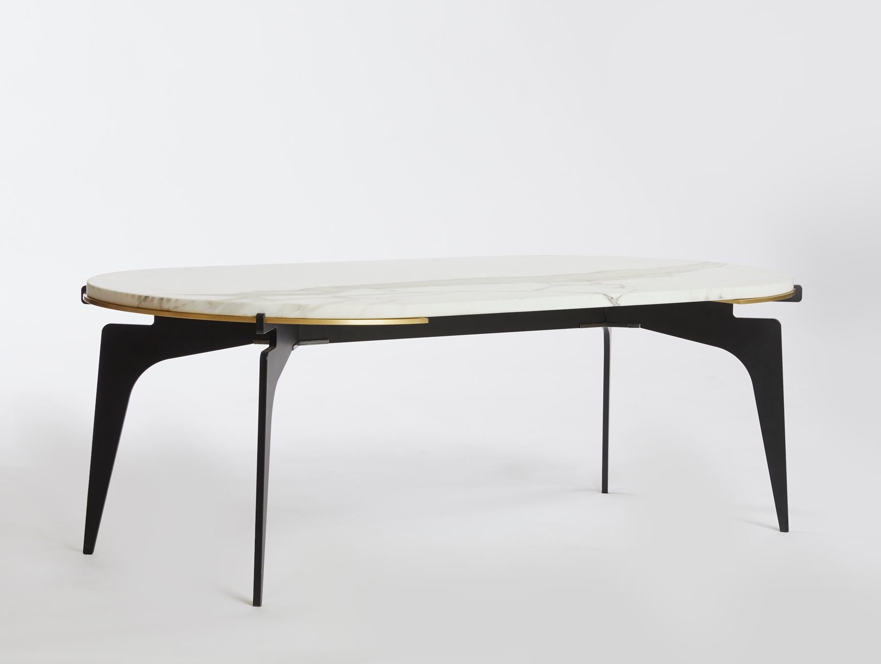 White (Carrara - White Stone) Prong Racetrack Coffee Table in Black Base with Marble Top by Gabriel Scott 2