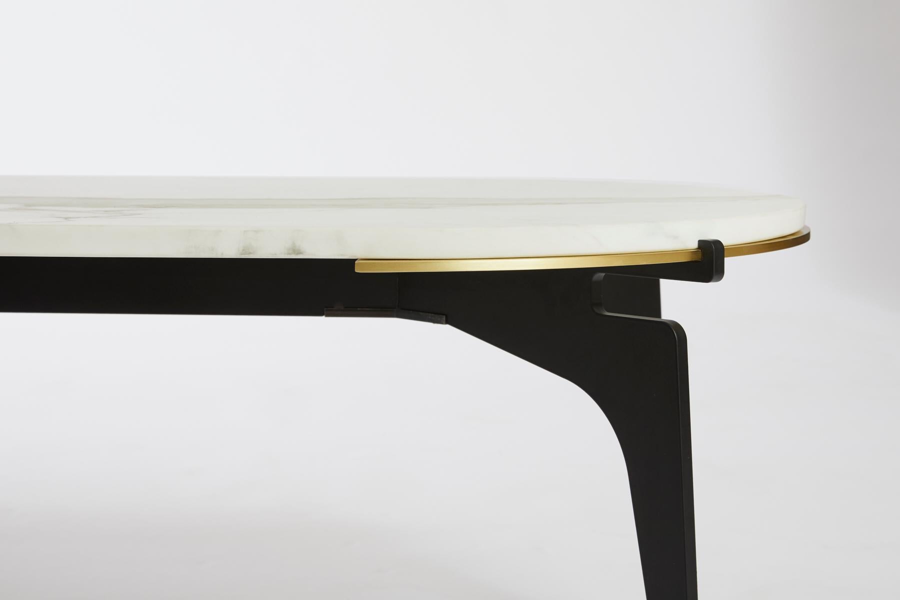White (Carrara - White Stone) Prong Racetrack Coffee Table in Black Base with Marble Top by Gabriel Scott 3