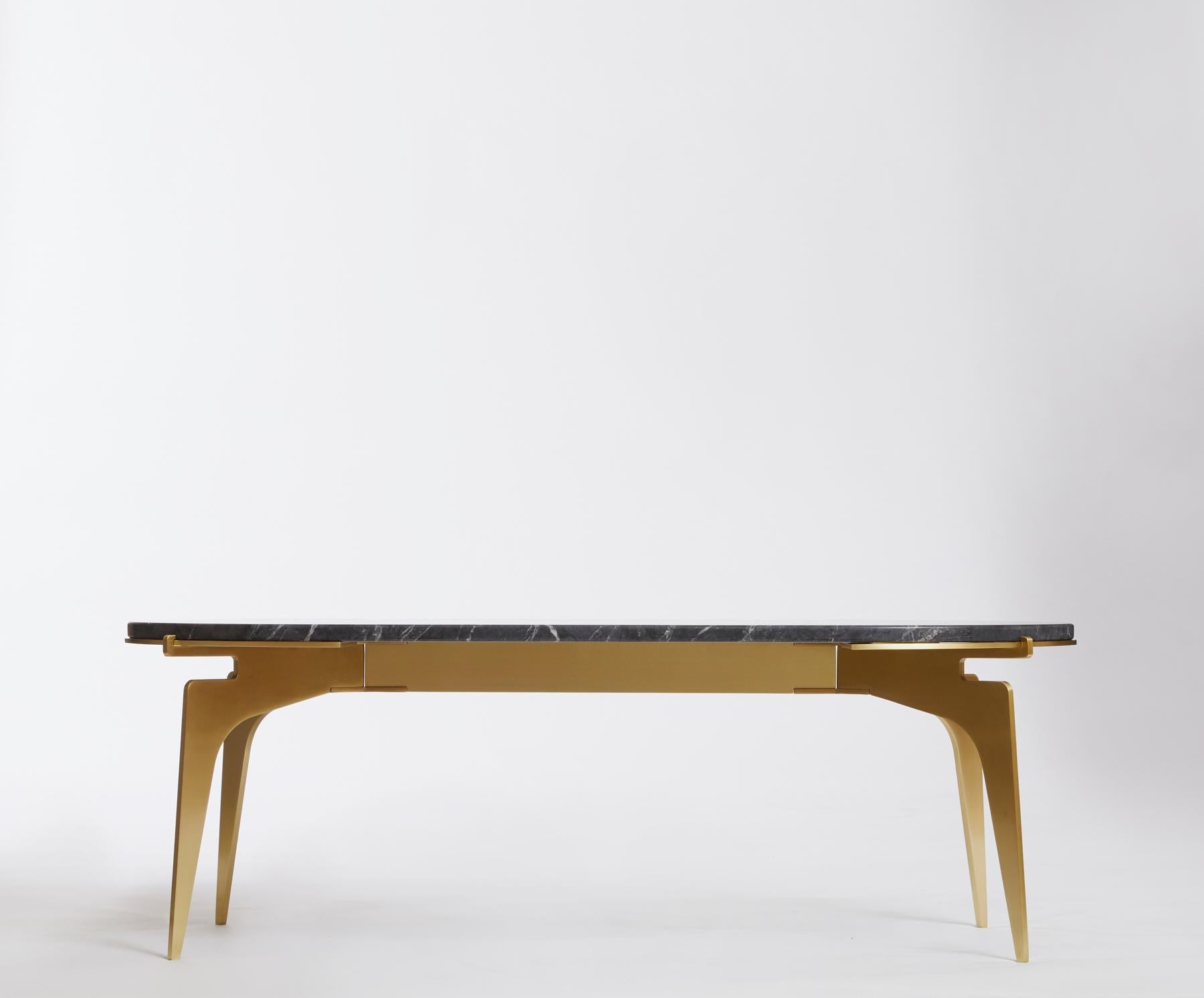 Black (Grigio Carnico - Black Stone) Prong Racetrack Coffee Table in Brass Base with Marble Top by Gabriel Scott 2