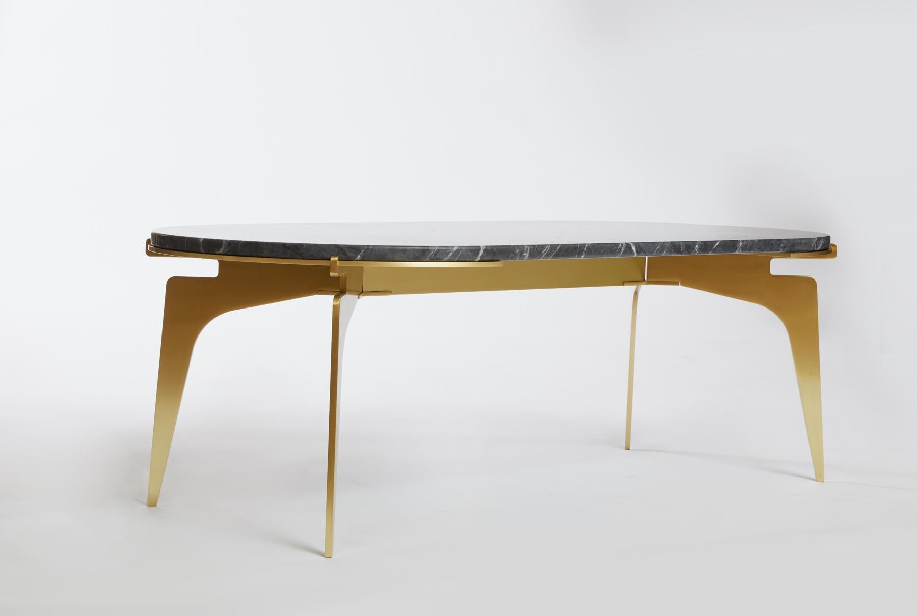 Black (Grigio Carnico - Black Stone) Prong Racetrack Coffee Table in Brass Base with Marble Top by Gabriel Scott 3