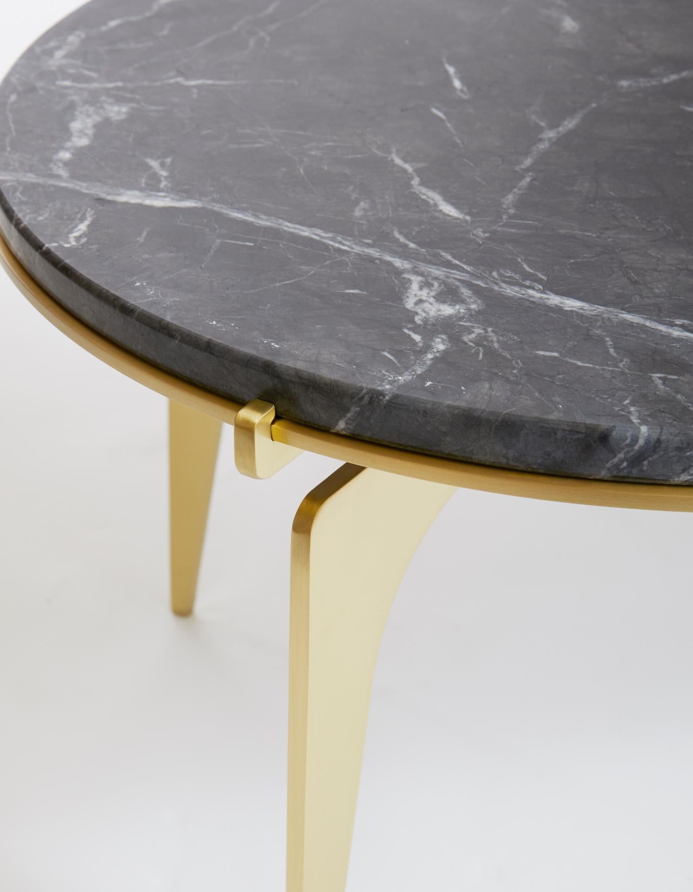 Black (Grigio Carnico - Black Stone) Prong Racetrack Coffee Table in Brass Base with Marble Top by Gabriel Scott 5