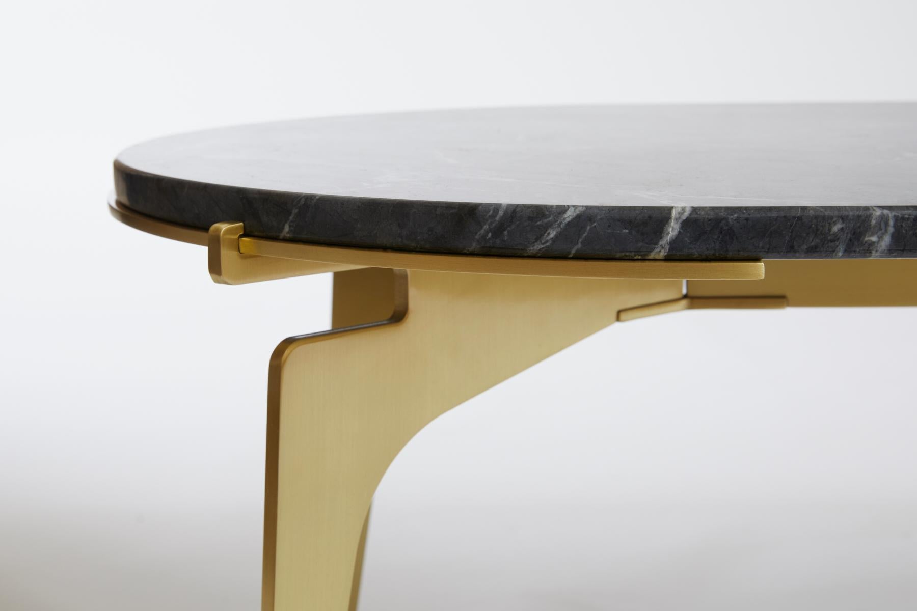 Black (Grigio Carnico - Black Stone) Prong Racetrack Coffee Table in Brass Base with Marble Top by Gabriel Scott 6