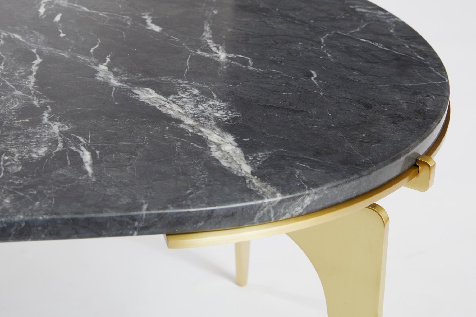 Black (Grigio Carnico - Black Stone) Prong Racetrack Coffee Table in Brass Base with Marble Top by Gabriel Scott 7
