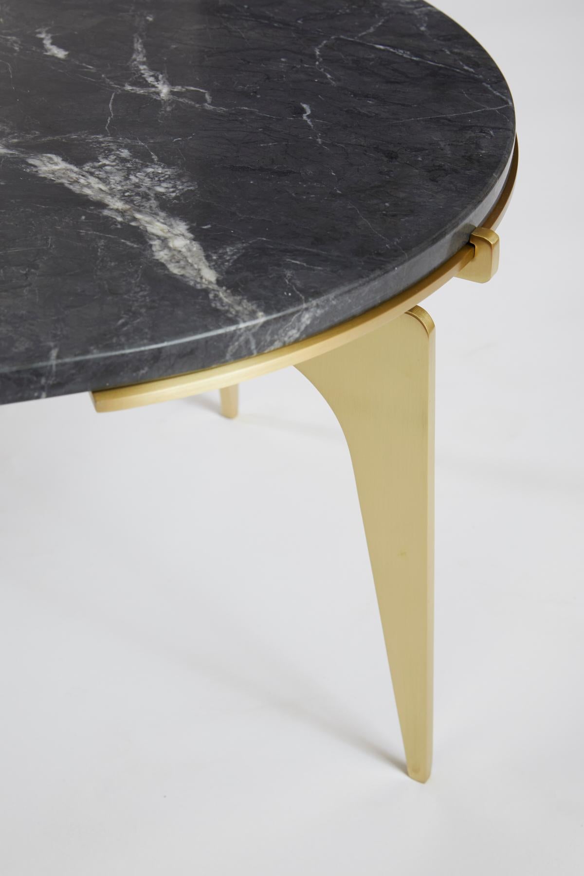 Black (Grigio Carnico - Black Stone) Prong Racetrack Coffee Table in Brass Base with Marble Top by Gabriel Scott 8