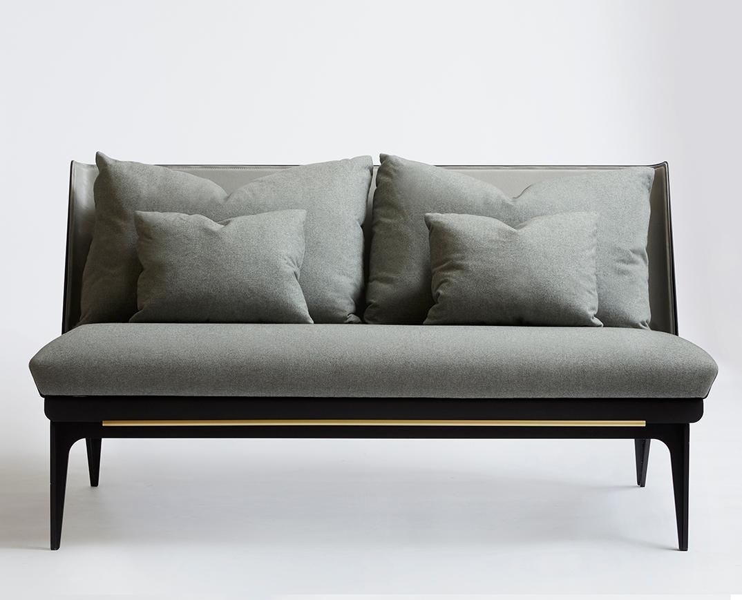 Gray (Sophie-Gray) Boudoir Loveseat with Leather Back and Satin Brass Hardware by Gabriel Scott 2