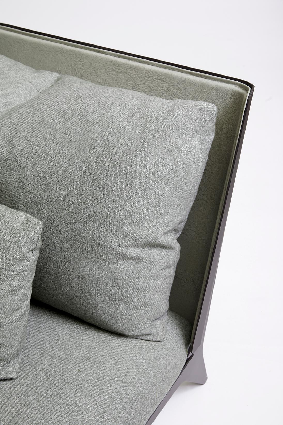 For Sale: Gray (Sophie-Gray) Boudoir Loveseat with Leather Back and Satin Brass Hardware by Gabriel Scott 3