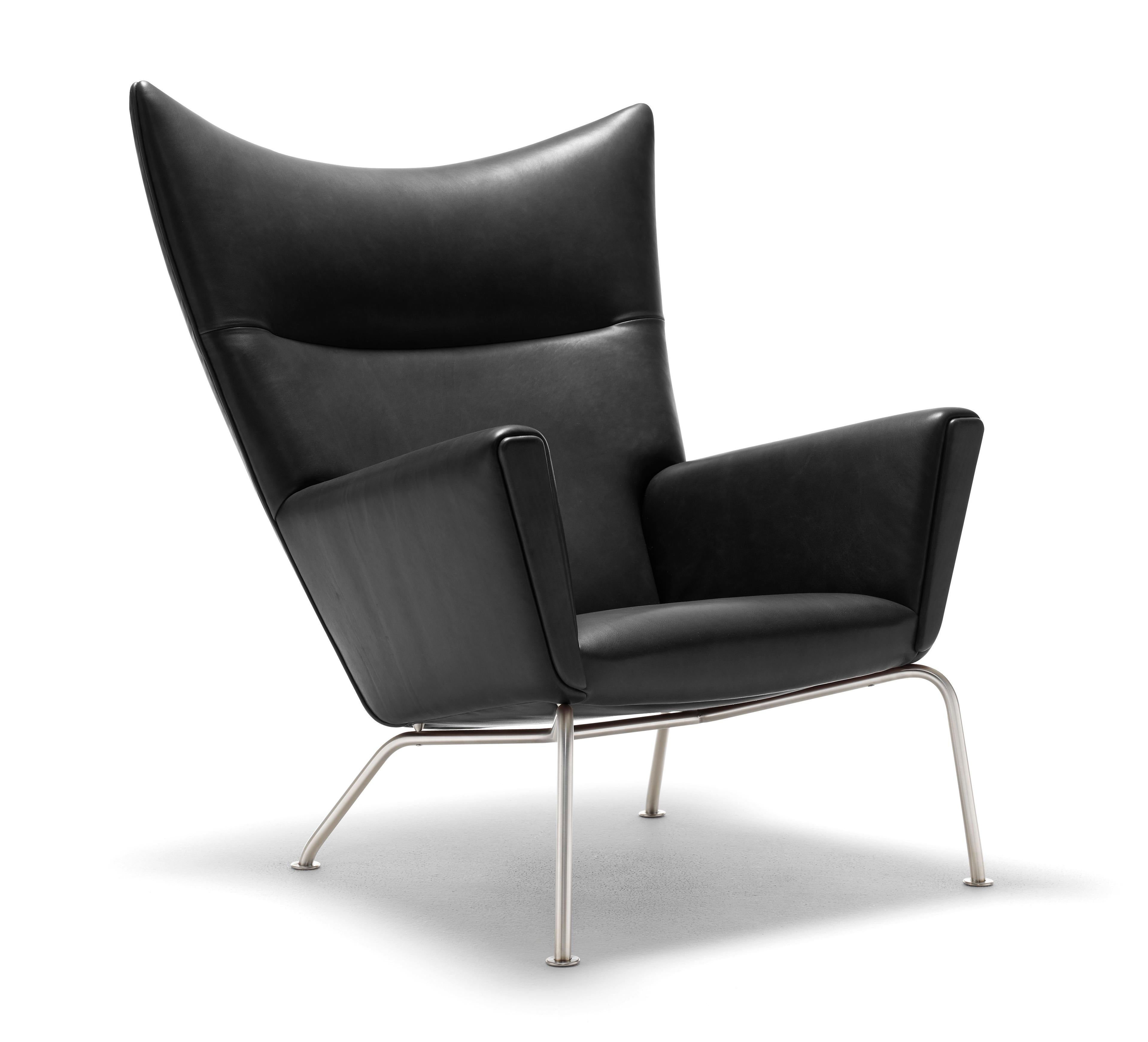 Black (Thor 301) CH445 Wing Chair in Leather with Stainless Steel Base by Hans J. Wegner 2