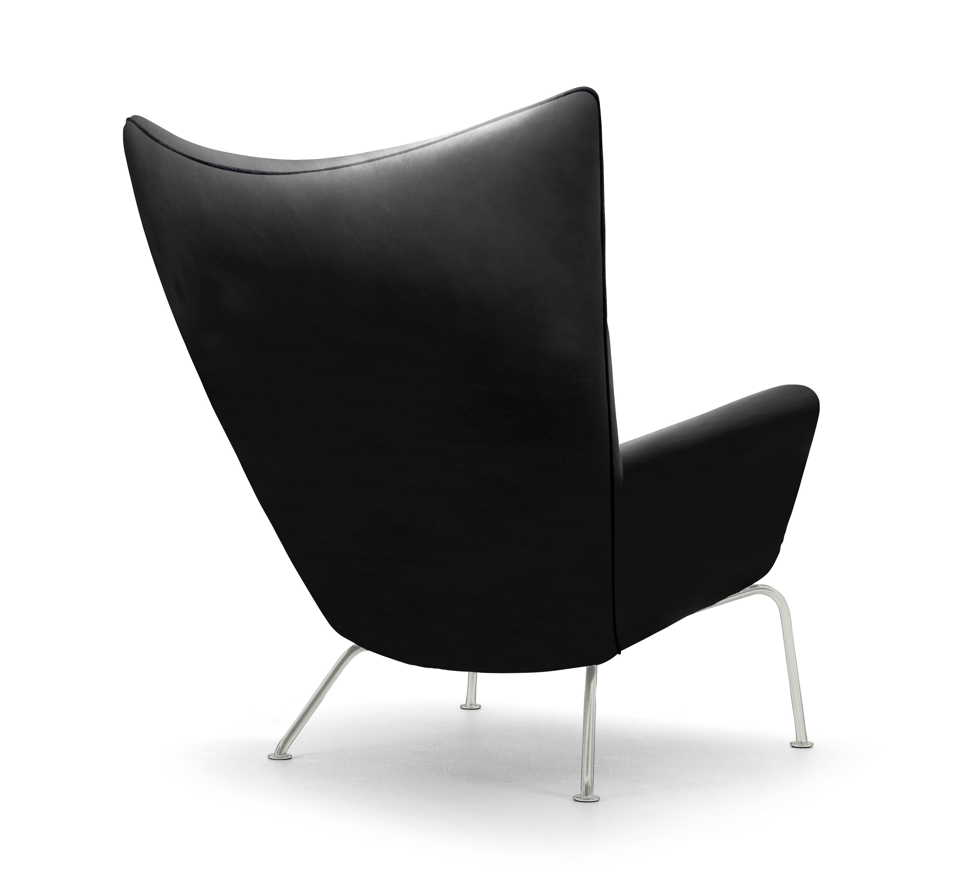 Black (Thor 301) CH445 Wing Chair in Leather with Stainless Steel Base by Hans J. Wegner 3