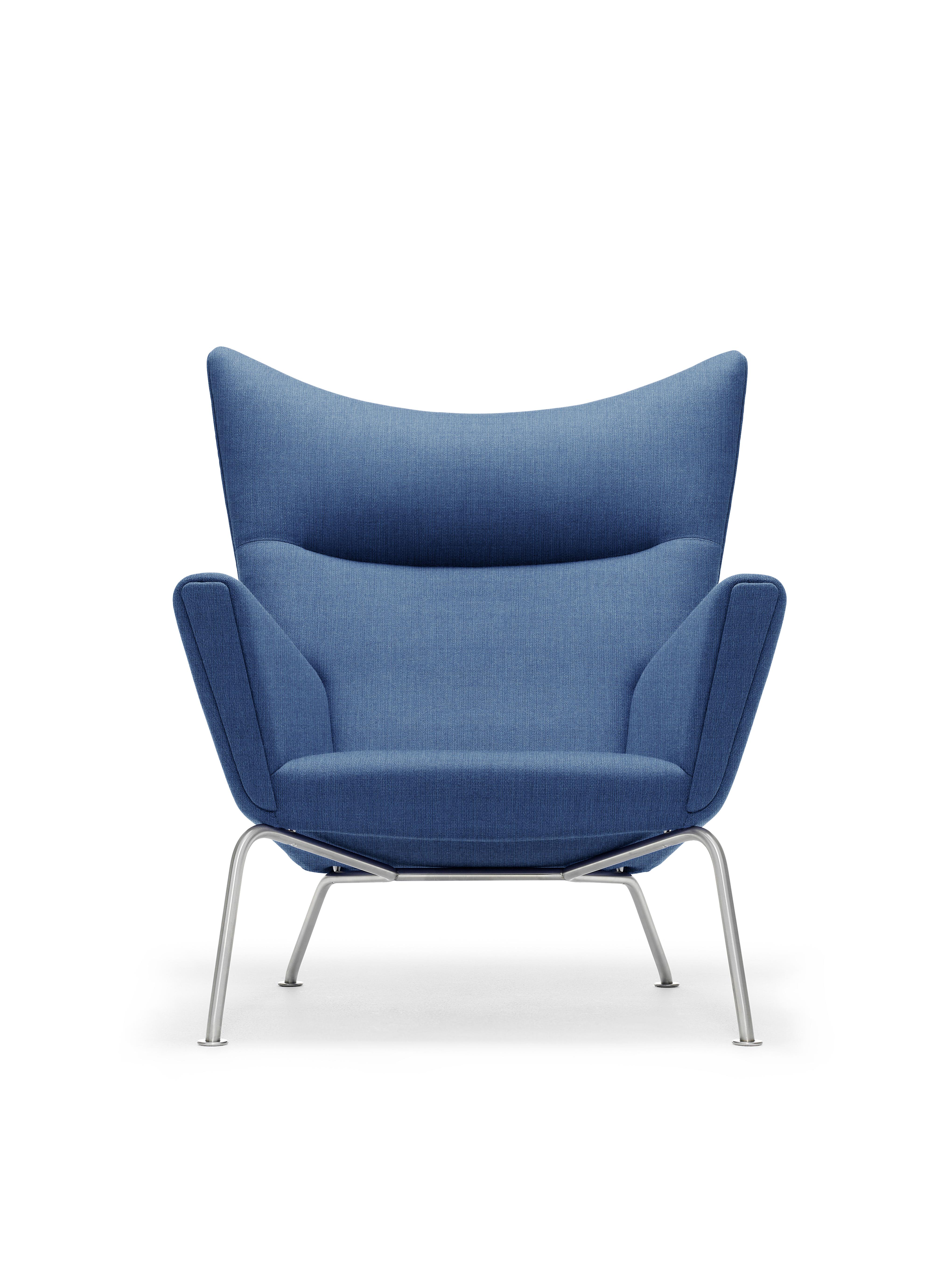 Blue (Kvadrat Canvas 746) CH445 Wing Chair in Fabric with Stainless Steel Base by Hans J. Wegner