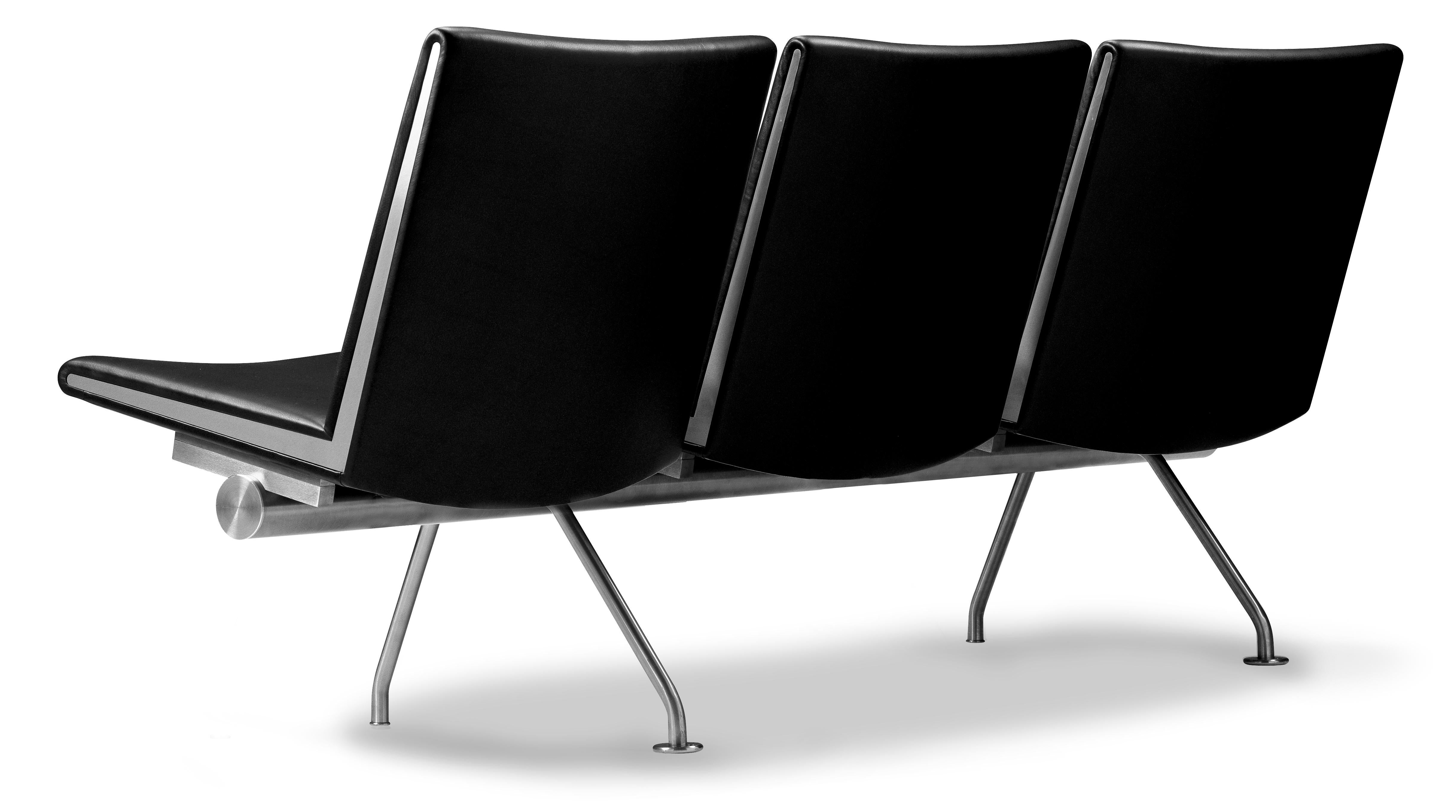 Black (Thor 301) CH403 3-Seat Kastrup Sofa in Stainless Steel with Leather Seat by Hans J. Wegner 2