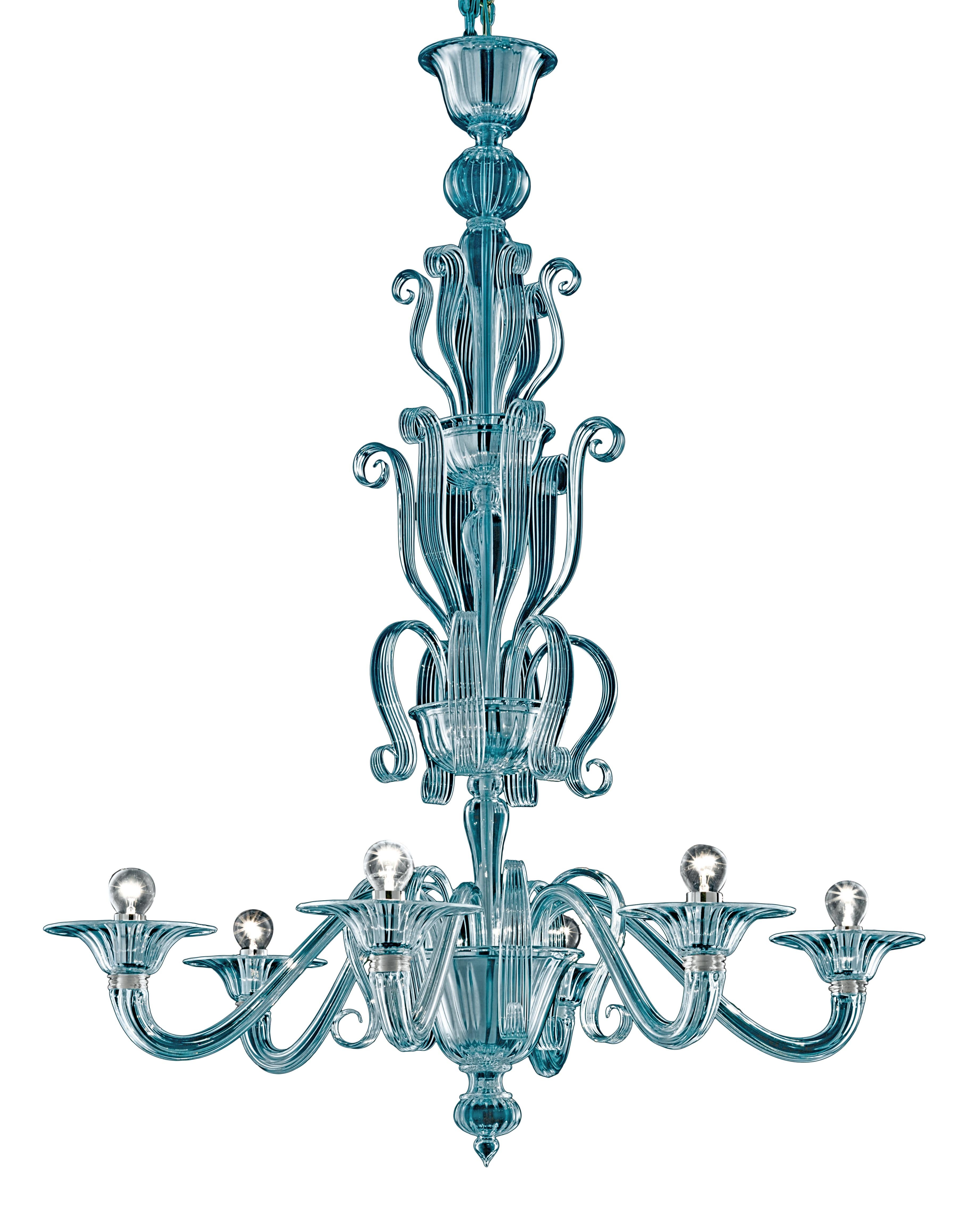 Blue (Aquamarine_AQ) Redon 5308 06 Chandelier in Glass and Polished Chrome, by Barovier&Toso