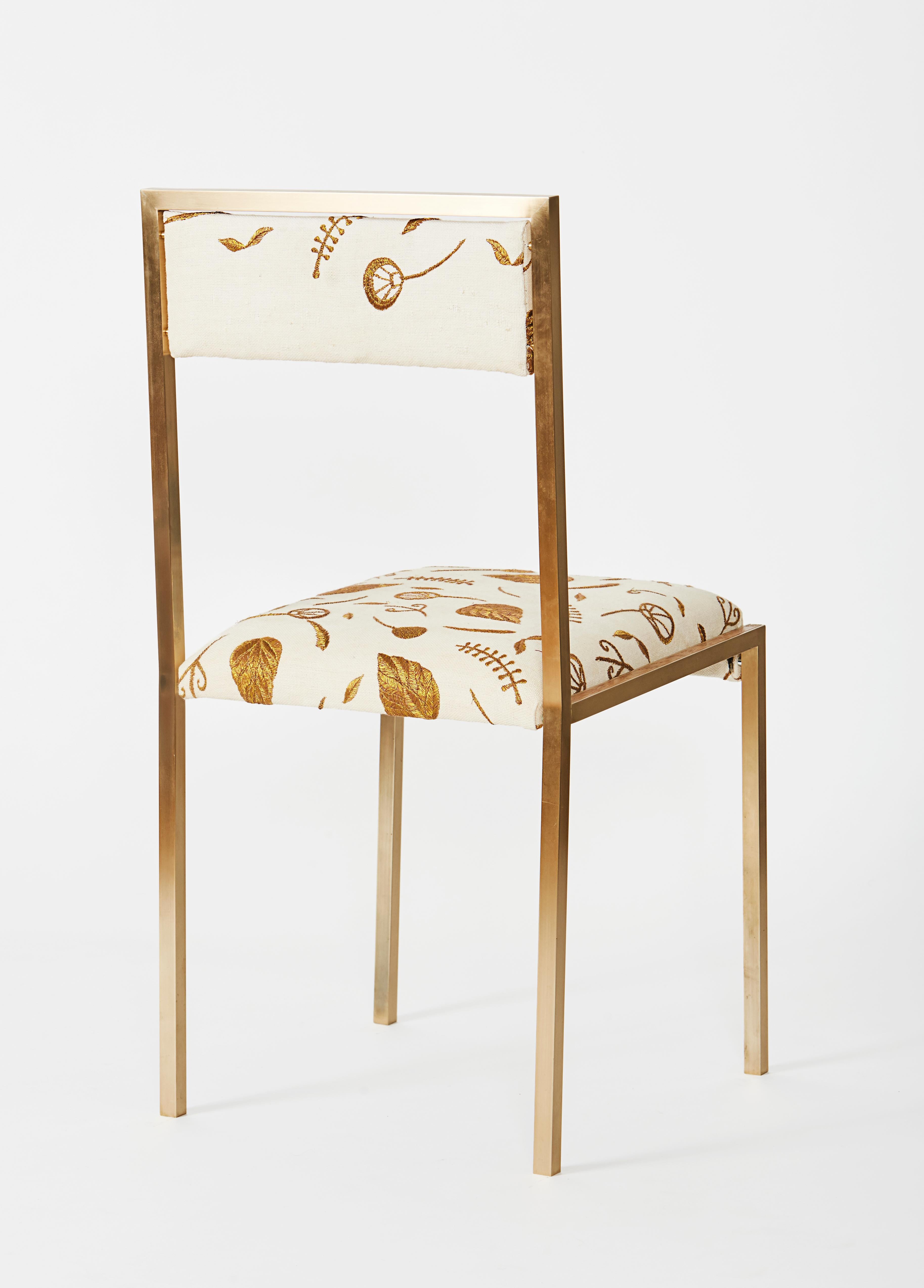 Gold (Brushed Brass) Medici Chair with Embroidered Woven Linen by Cam Crockford 3