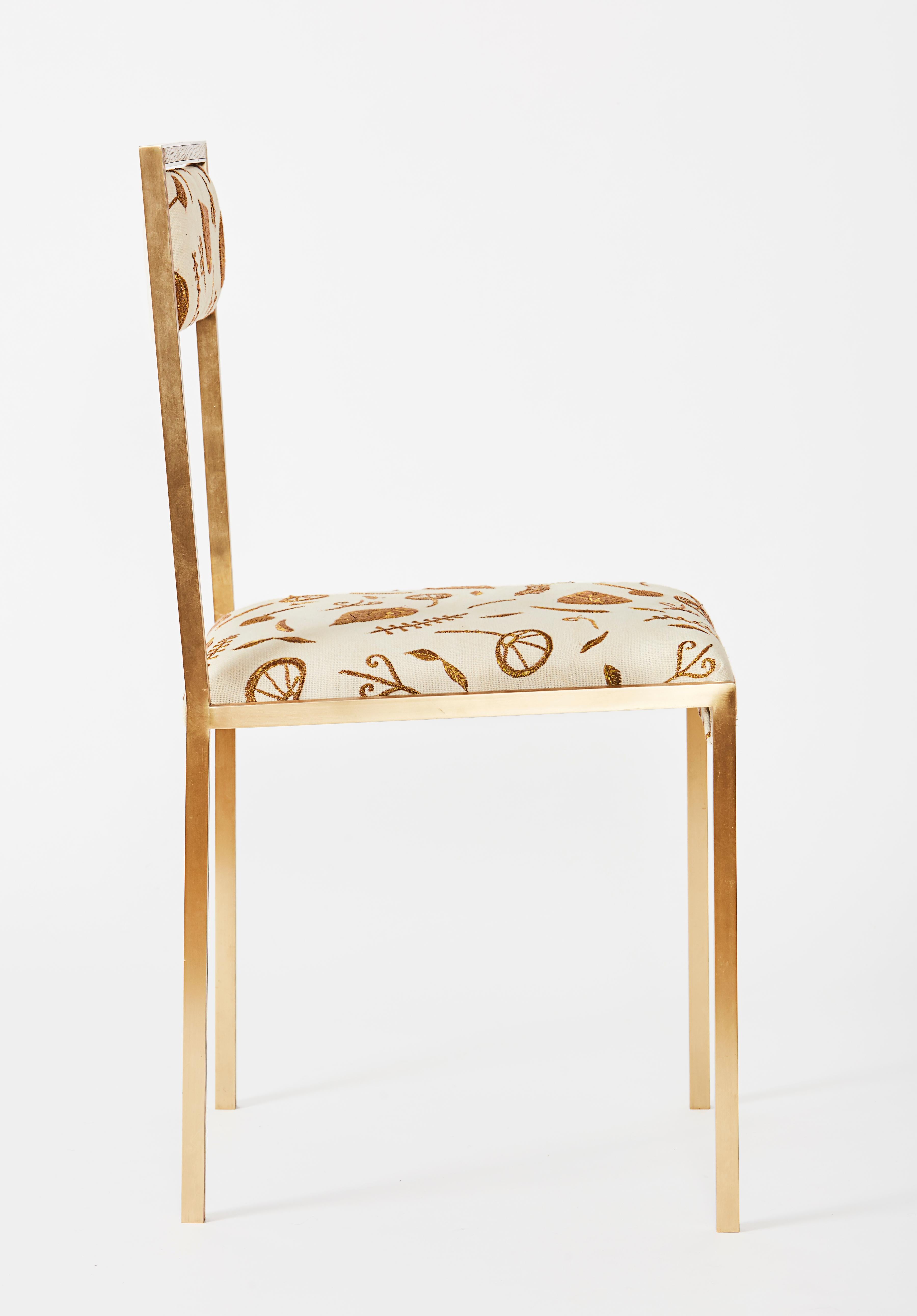 Gold (Brushed Brass) Medici Chair with Embroidered Woven Linen by Cam Crockford 2