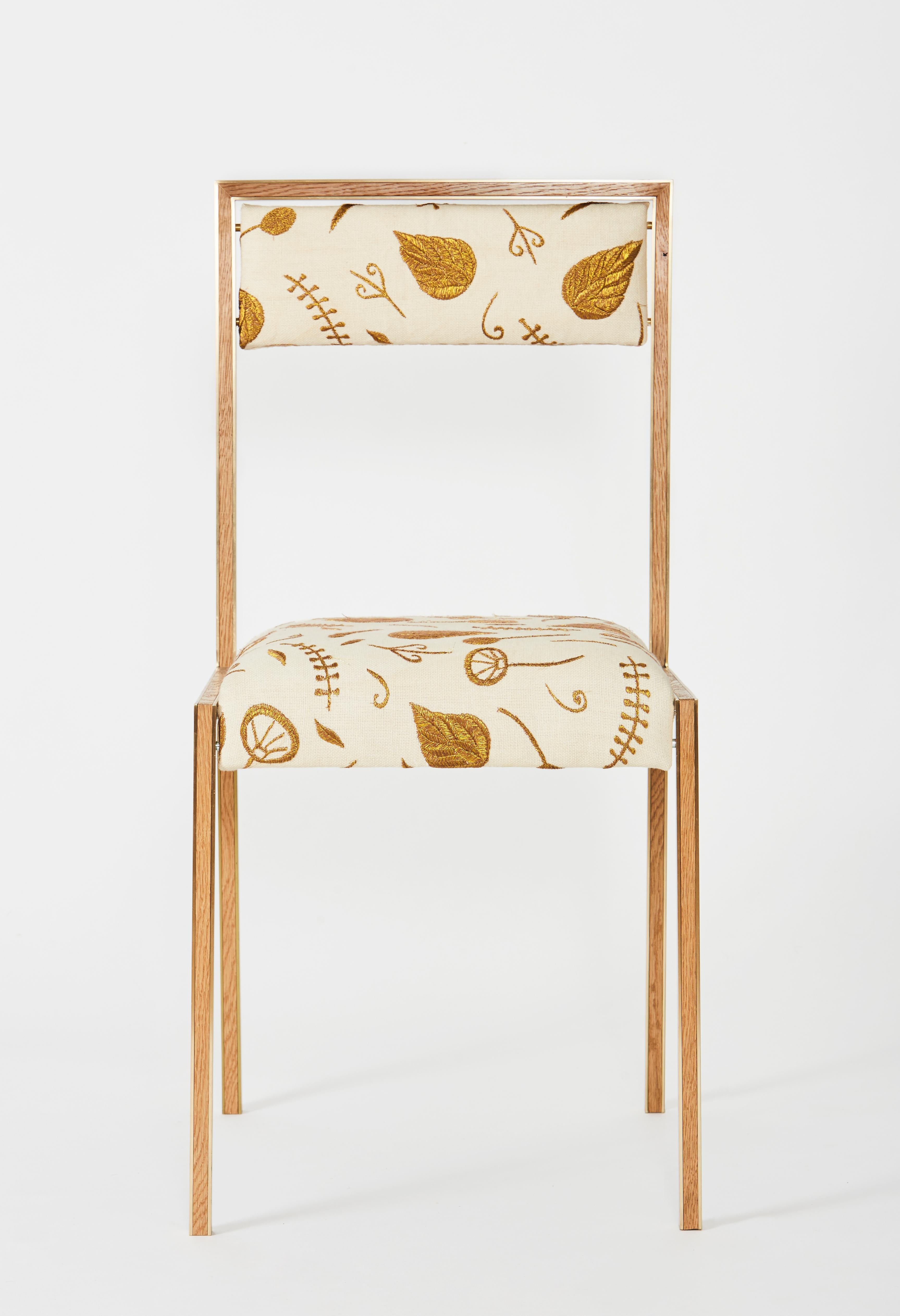 Gold (Brushed Brass) Medici Chair with Embroidered Woven Linen by Cam Crockford 4